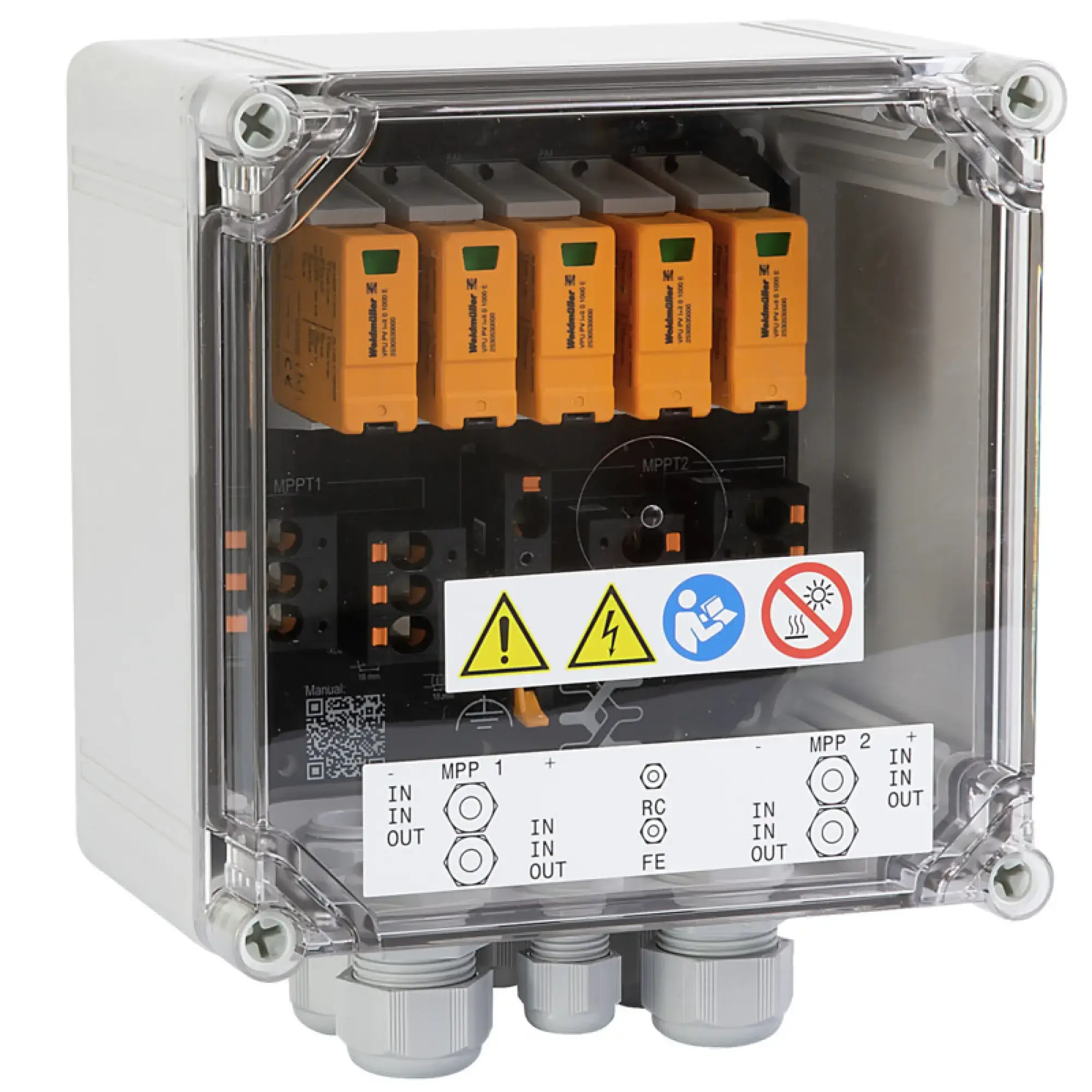 Weidmüller 2866320000 Combiner Box (Photovoltaik), 1100 V, 2 MPP's, 2 Inputs / 1 Output per MPP, Surge protection I / II, Cable gland (img_001)