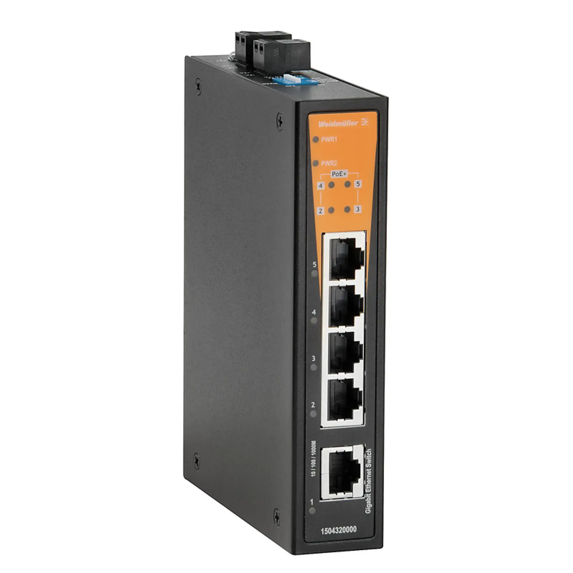 Weidmüller 1504340000 Network switch (unmanaged), unmanaged PoE, Gigabit Ethernet, Number of ports: 4 * RJ45 10/100/1000BaseT(X) PoE+, 1 * RJ45 10/100/1000BaseT(X), -40 °C. (img_001)