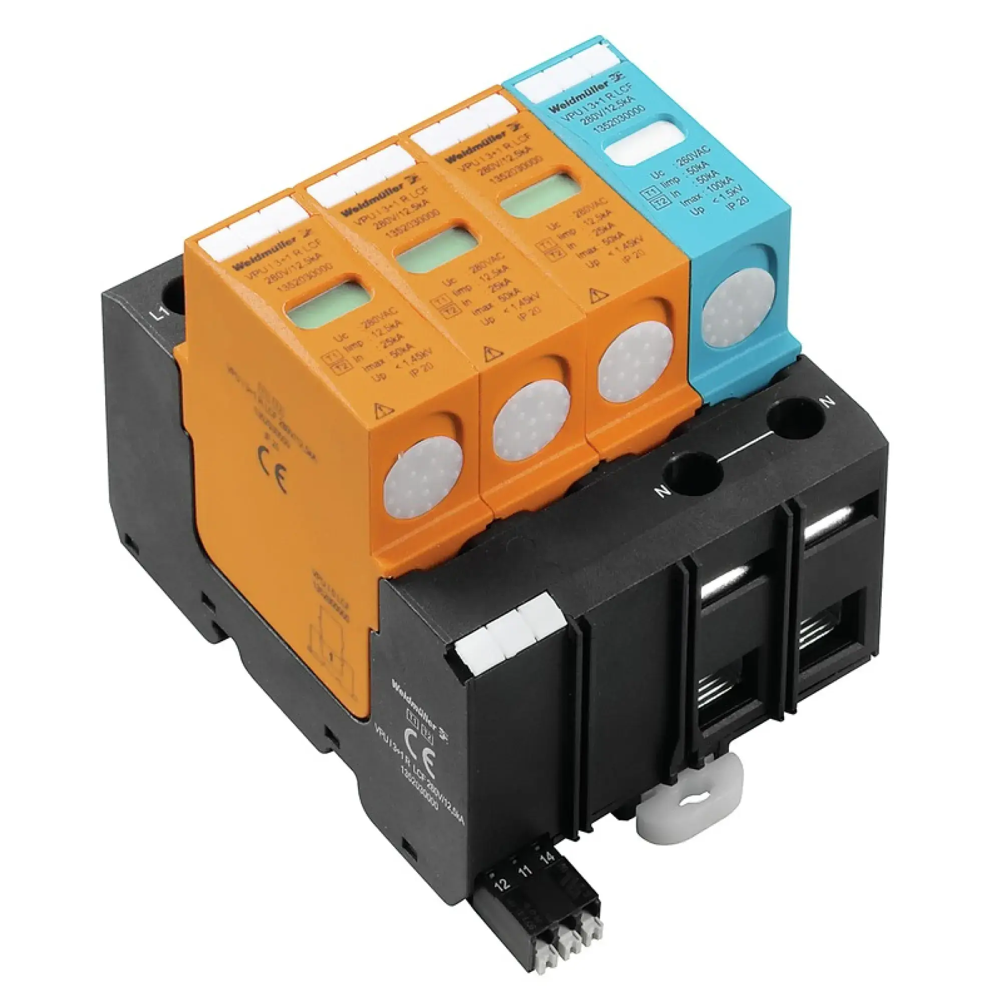 Weidmüller 1352030000 Surge voltage arrester  (power supply systems), with remote contact, Leakage-current-free, Type I + II, Low voltage network: TN-C-S, TN-S, III, IV, AC (img_001)