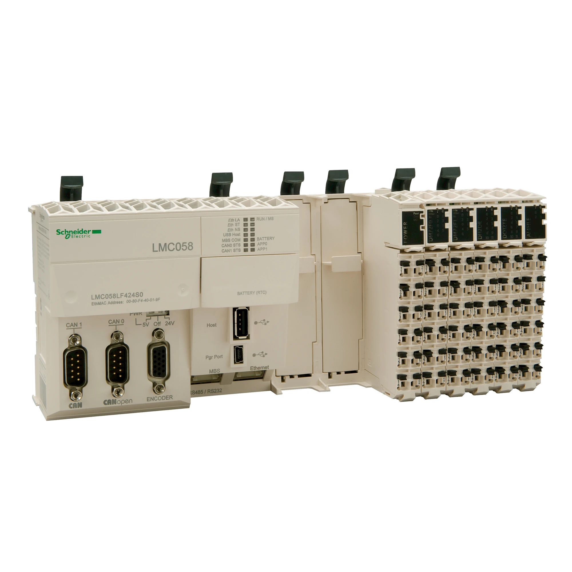 Schneider Electric LMC058LF424 Motion Control, Modicon LMC058, 8 Axes, 46 I/O, CANopen + CANmotion Master, Ethernet, 2 PCI Module Slots, 24 VDC, Spring Terminal Blocks (img_001)