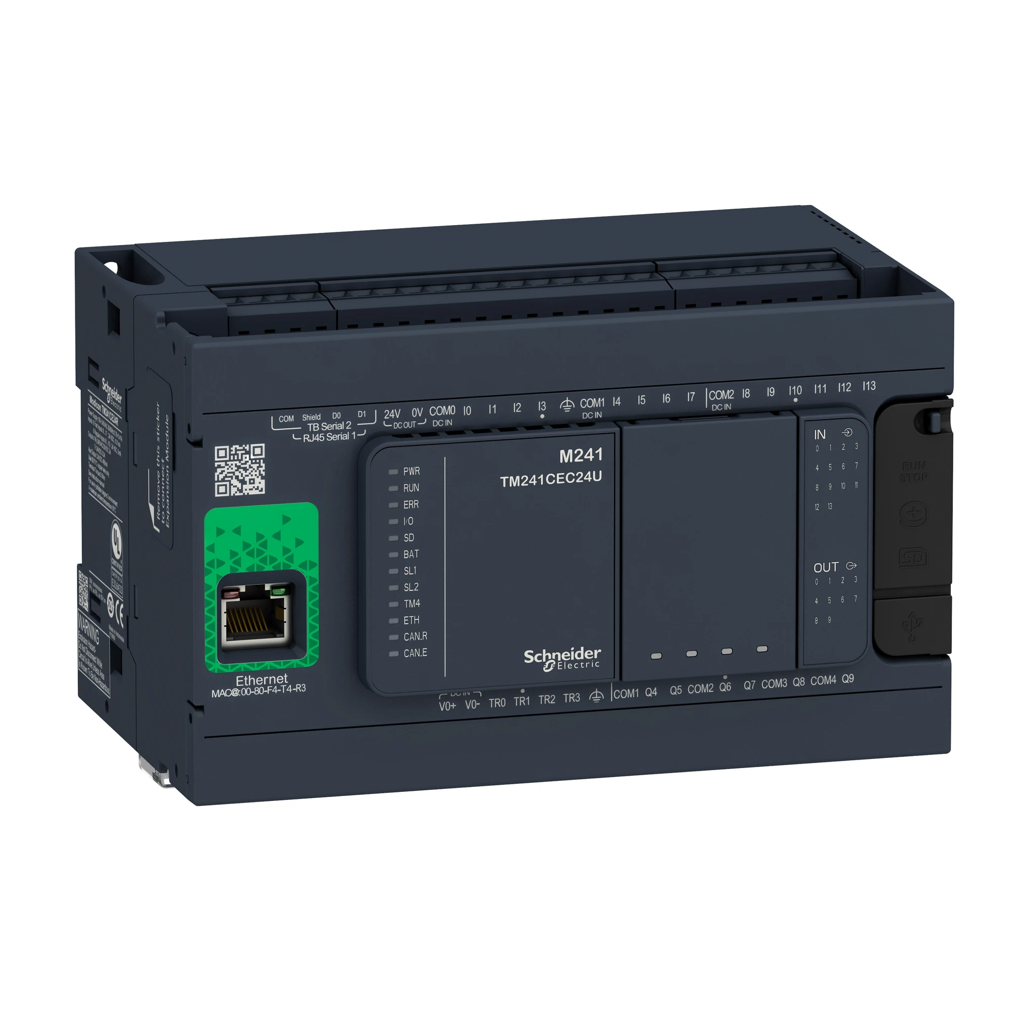 Schneider Electric TM241CE24R PLC Control, Modicon M241, 24 I/O, Ethernet, 2x Modbus, 100 to 240 VAC, Relay Outputs, Screw Terminals (img_001)