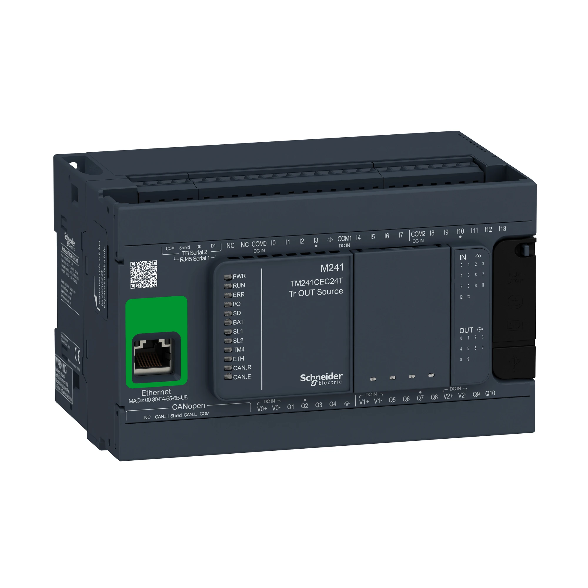 Schneider Electric TM241CEC24T PLC Control, Modicon M241, 24 I/O, Ethernet, 2x Modbus, CANopen Master, 24 VDC, Source Transistor, Screw Terminals (img_001)