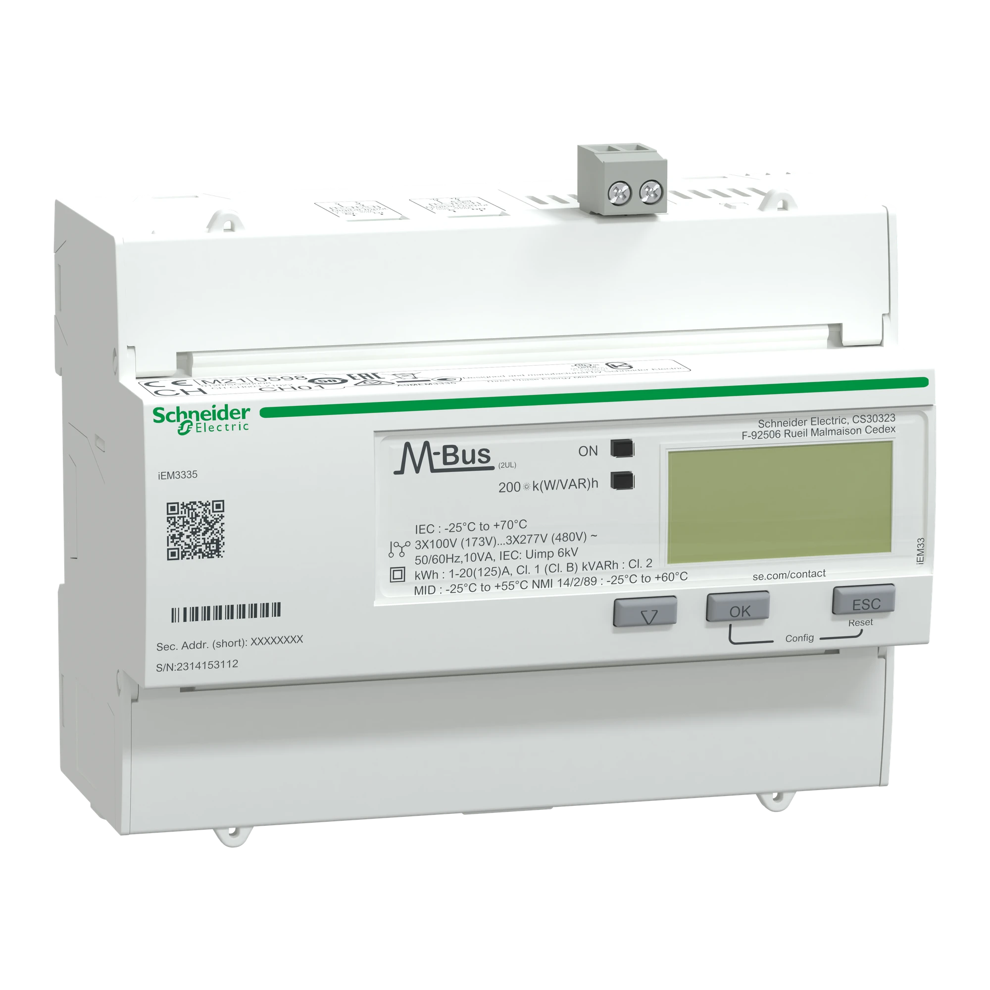 Schneider Electric A9MEM3335 IEM3335 Energy Meter, 3-phase, 125A, M-bus, 1E/1A, 4 tariffs (img_001)