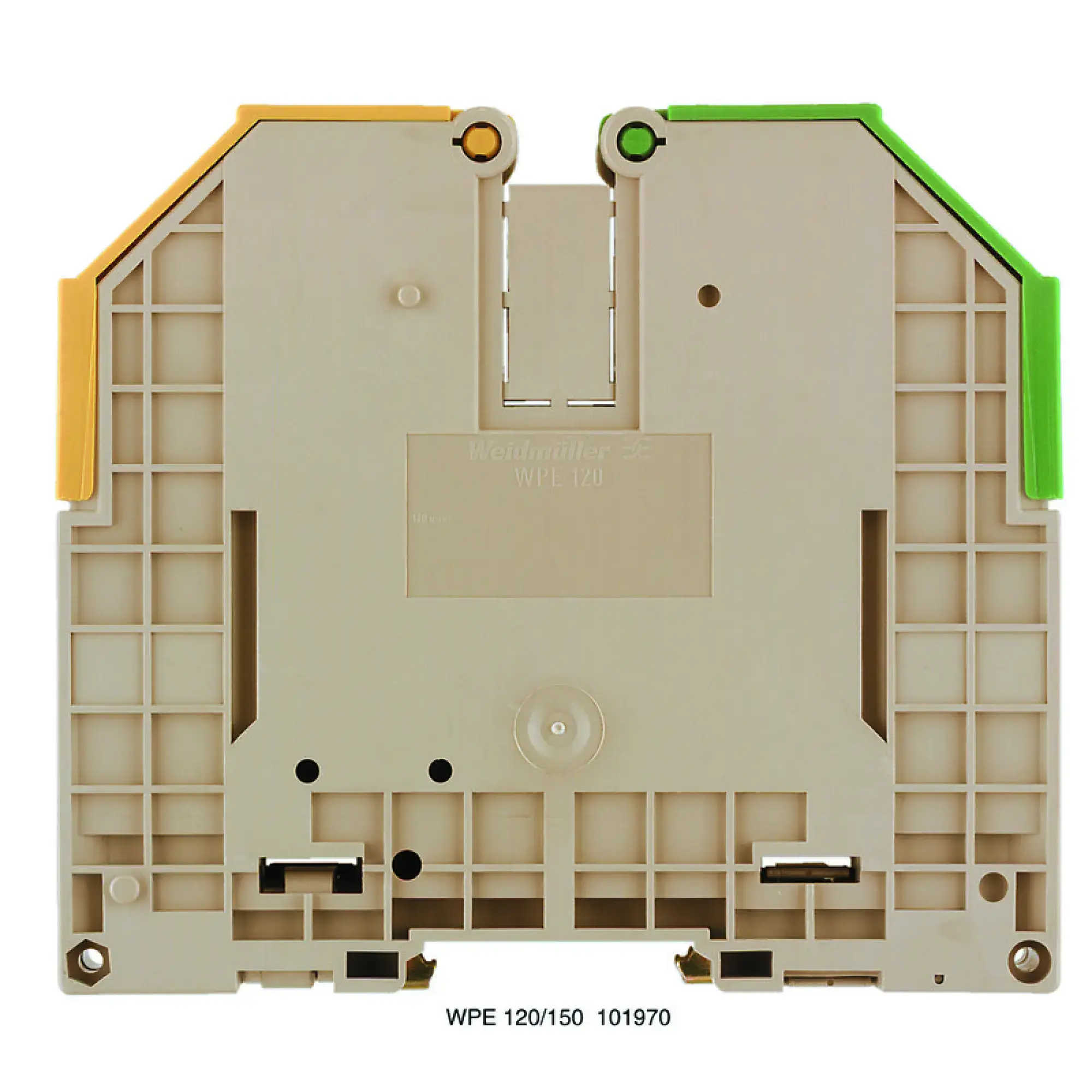 Weidmüller 1019700000 PE terminal, Screw connection, Green/yellow, 120 mm², 1000 V, Number of connections: 2, Number of levels: 1, TS 35, V-0, Wemid (img_001)