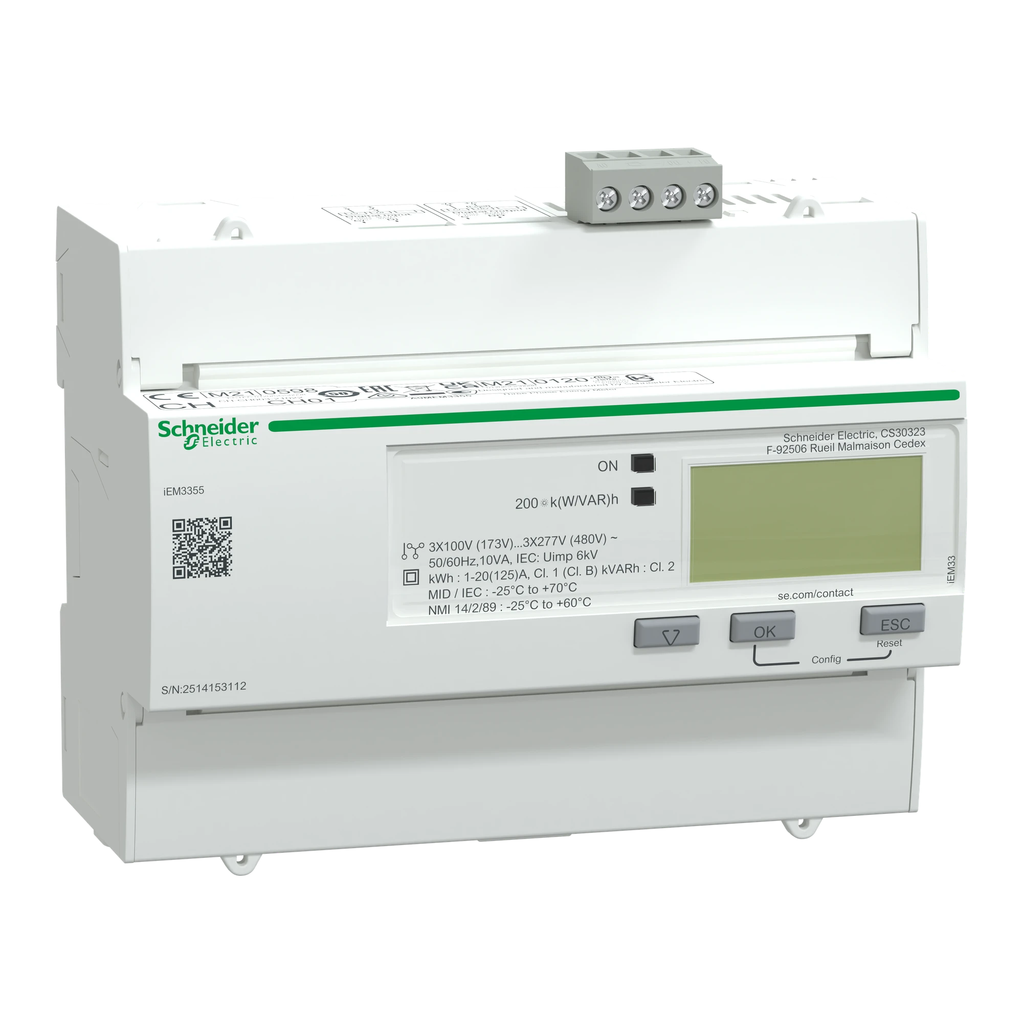 Schneider Electric A9MEM3355 IEM3355 Energy Meter, 3-phase, 125A, Modbus, 1E/1A, 4 tariffs (img_001)