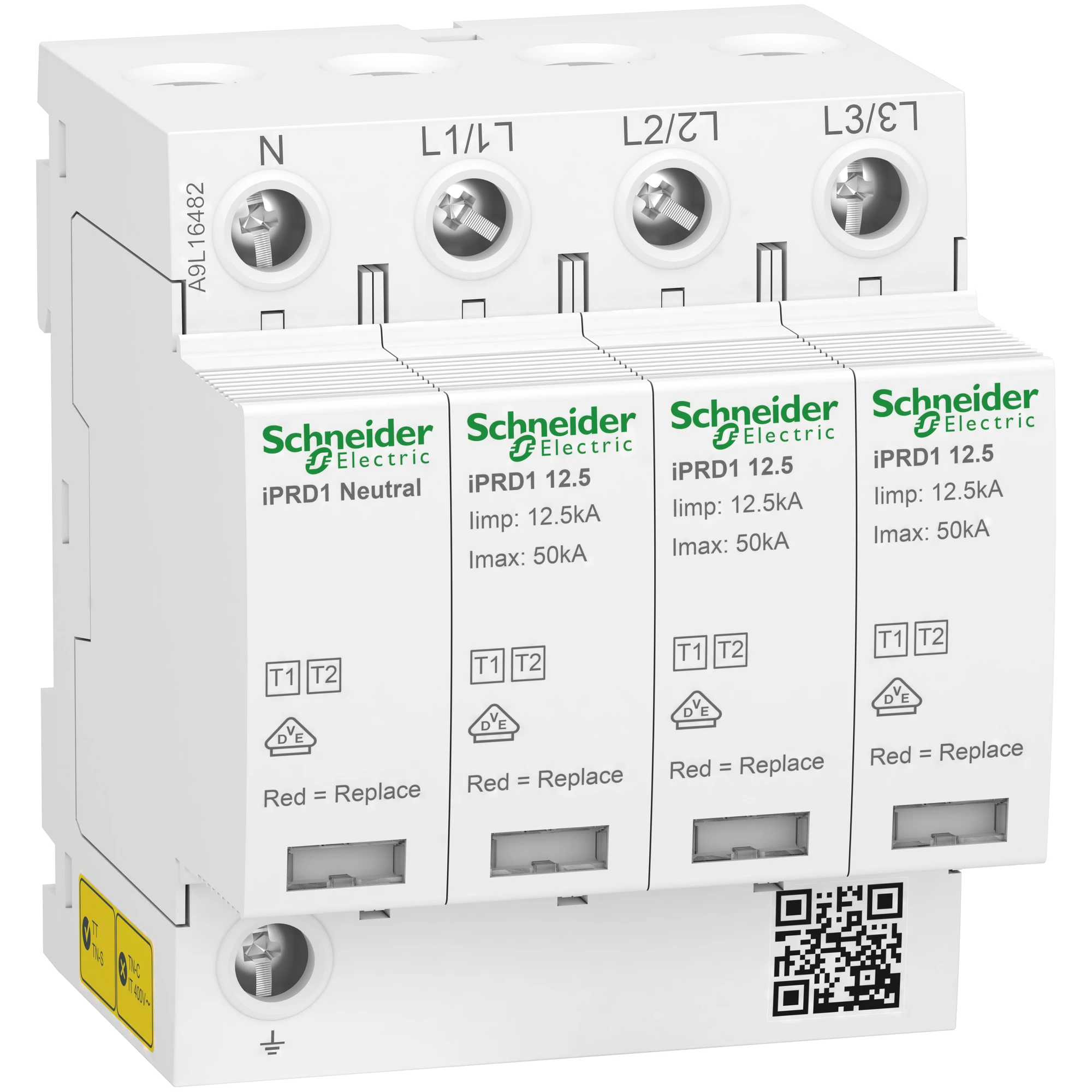 Schneider Electric A9L16482 Combined Lightning Current and Surge Arrester Type 1+2, Acti9 iPRD1 12.5r, 3P+N, 400V AC, Imax 50kA, Remote signaling (img_001)