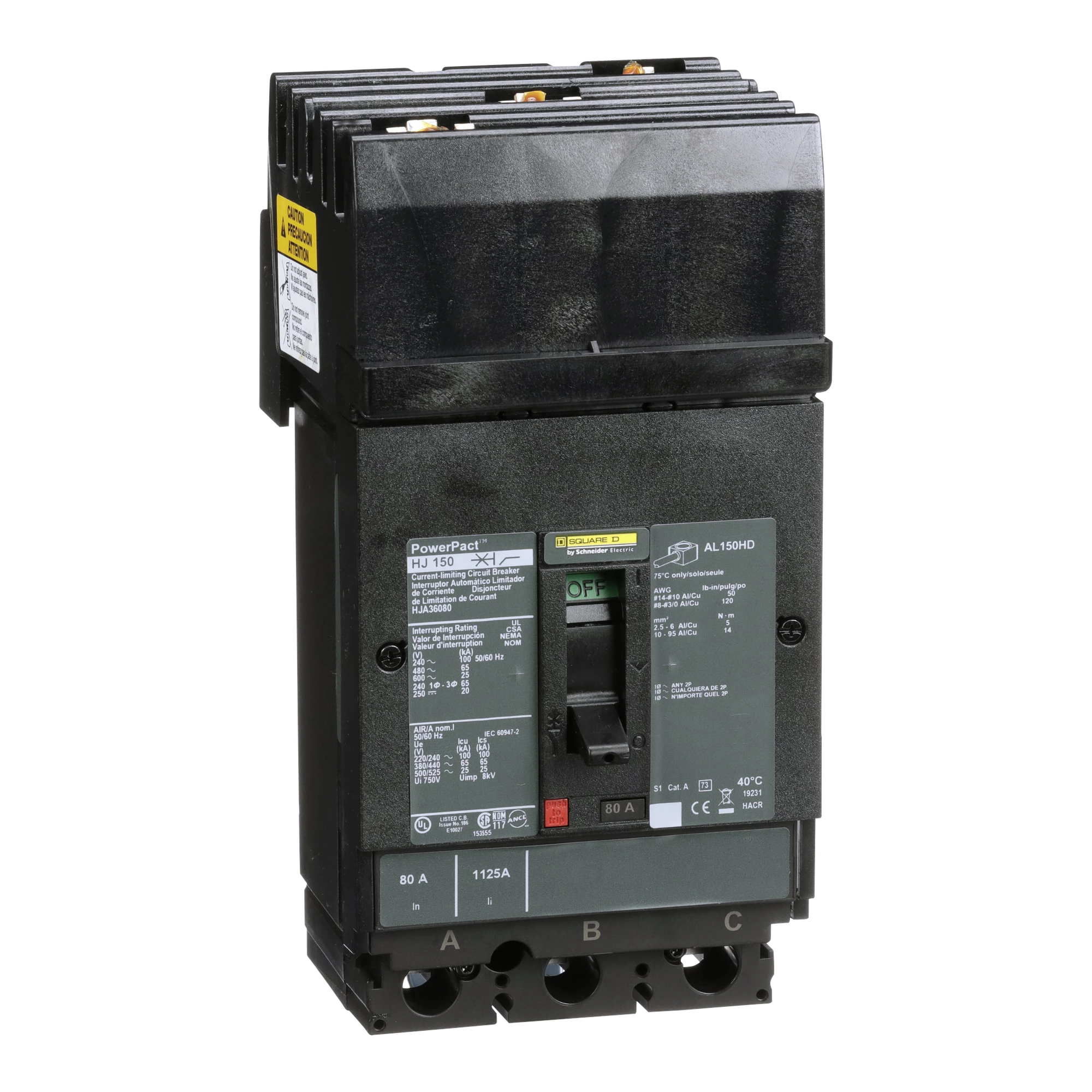 Schneider Electric HJA36080 PowerPact H I-Line Circuit Breaker, ThermMag, 80A, 3P, 600V, 25kA (img_001)