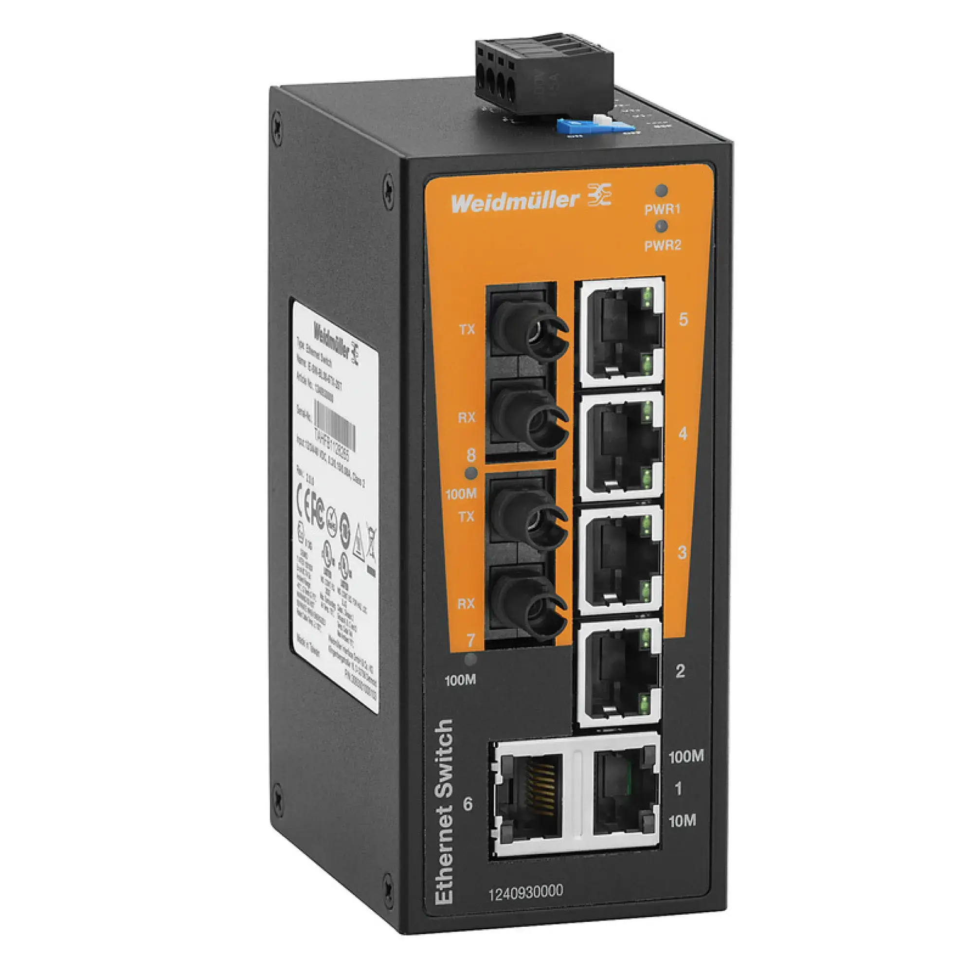 Weidmüller 1240930000 Network switch (unmanaged), unmanaged, Fast Ethernet, Number of ports: 6x RJ45, 2 * ST Multi-mode, -10 °C...60 °C, IP30 (img_001)