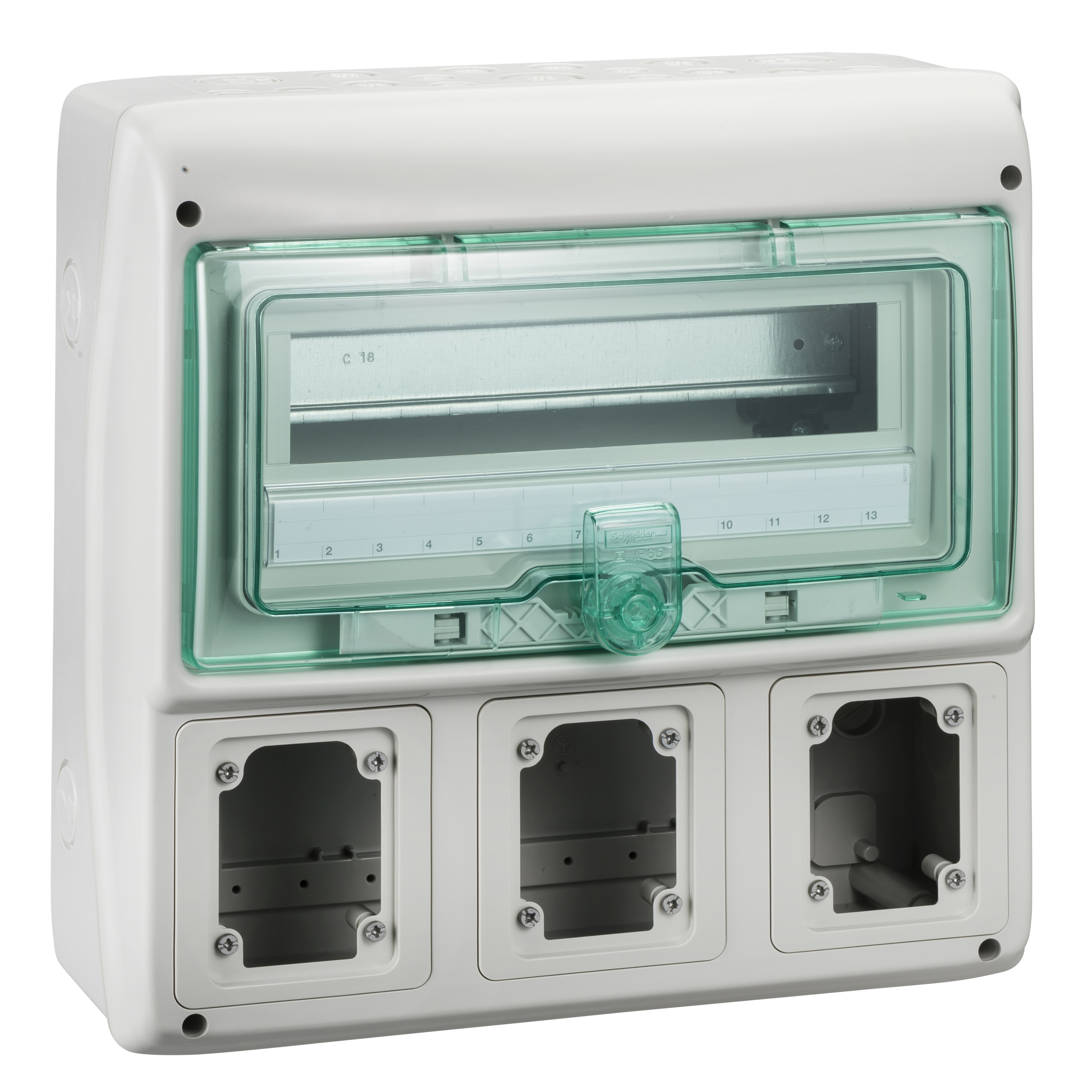 Schneider Electric Kaedra Empty Housing, 3 Mounting Spots for Sockets 90x100mm, 12+1 TE