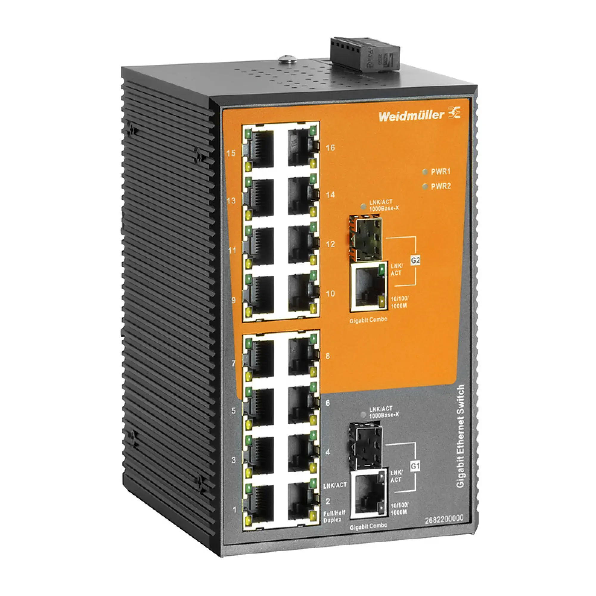 Weidmüller 2682200000 Network switch (unmanaged), unmanaged, Fast/Gigabit Ethernet, Number of ports: 16x RJ45 10/100BaseT(X), 2x combo-ports (10/100/1000BaseT(X) or 1000Bas (img_001)