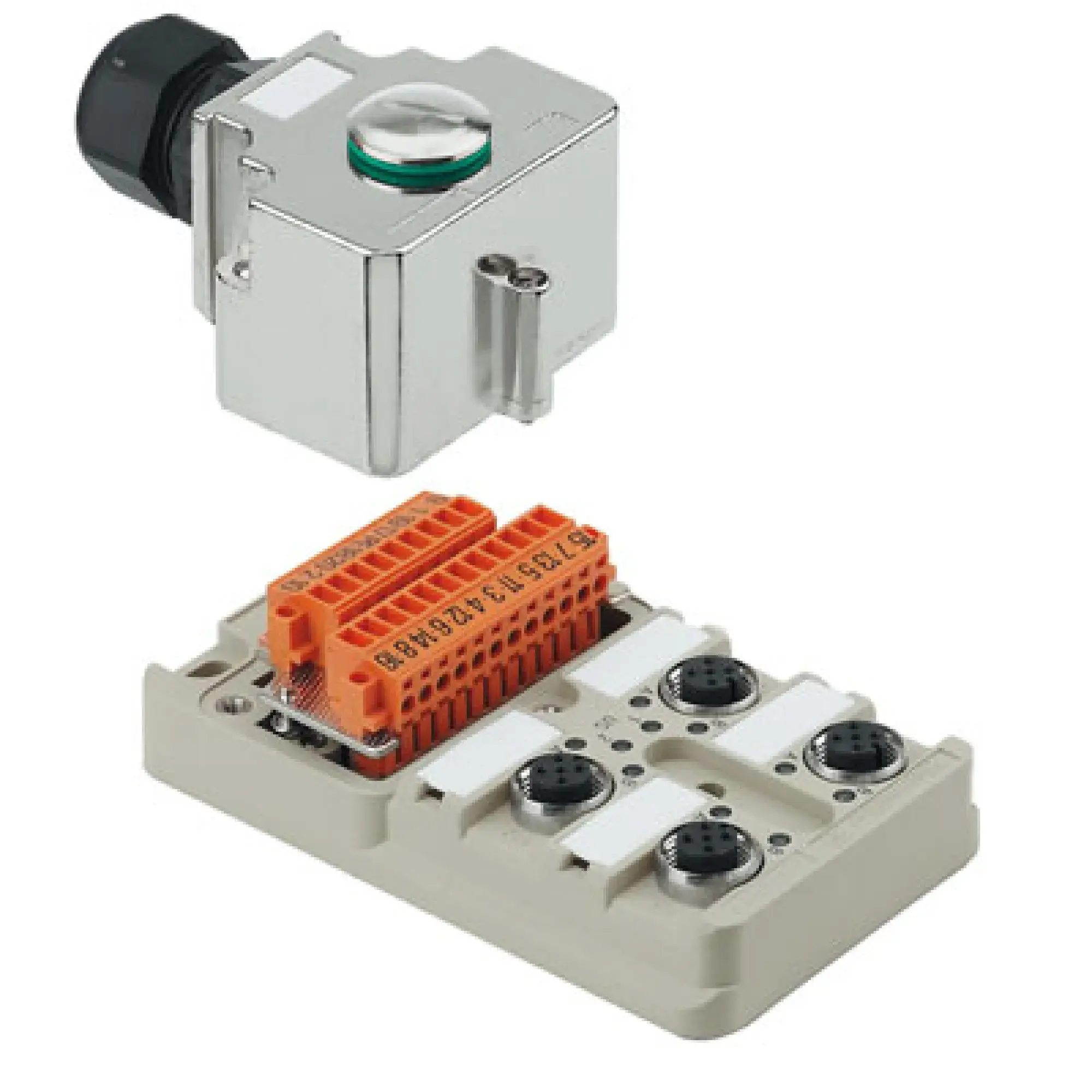 Weidmüller 1705922000 Sensor-actuator passive distributor (without cable), Hood version with M20 outlet, M12, 30 V, A-coded, LED: Yes, LED initiator: Yes, Wiring type: PNP (img_001)