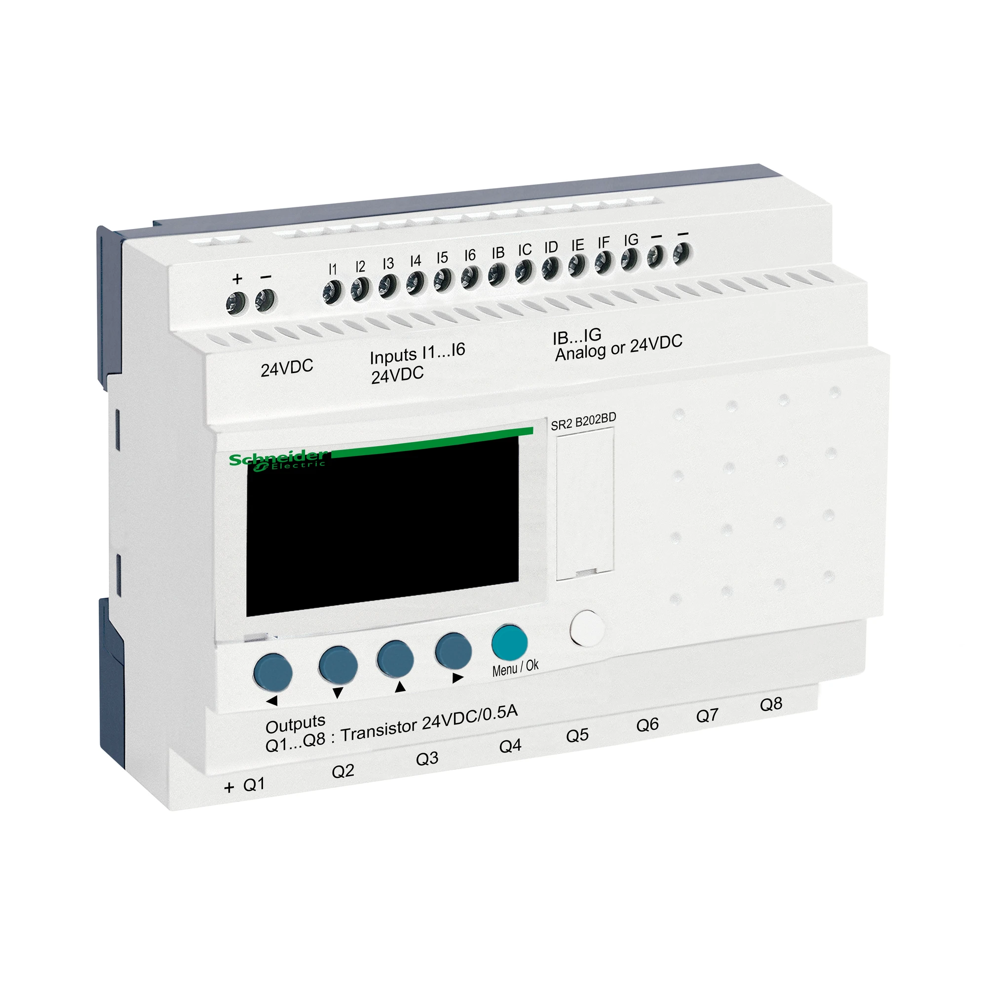 Schneider Electric SR2B202BD PLC control relay, Zelio Logic, compact version, 20 I/O, 24 VDC, display, clock, transistor outputs (img_001)