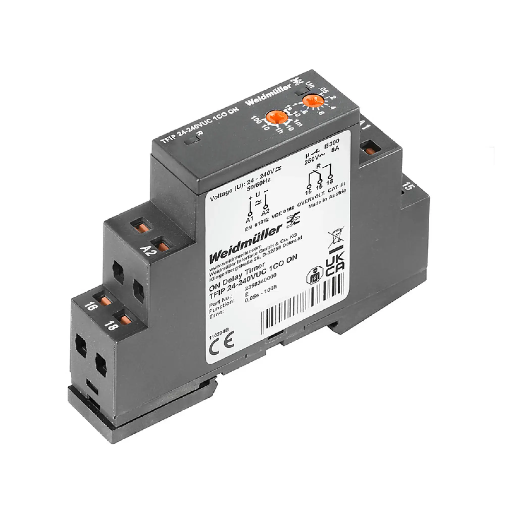 Weidmüller 2898340000 Timing relay, 24...240 V UC -15 % / +10 %, 1 CO contact (AgNi) , 8 A, PUSH IN (img_001)