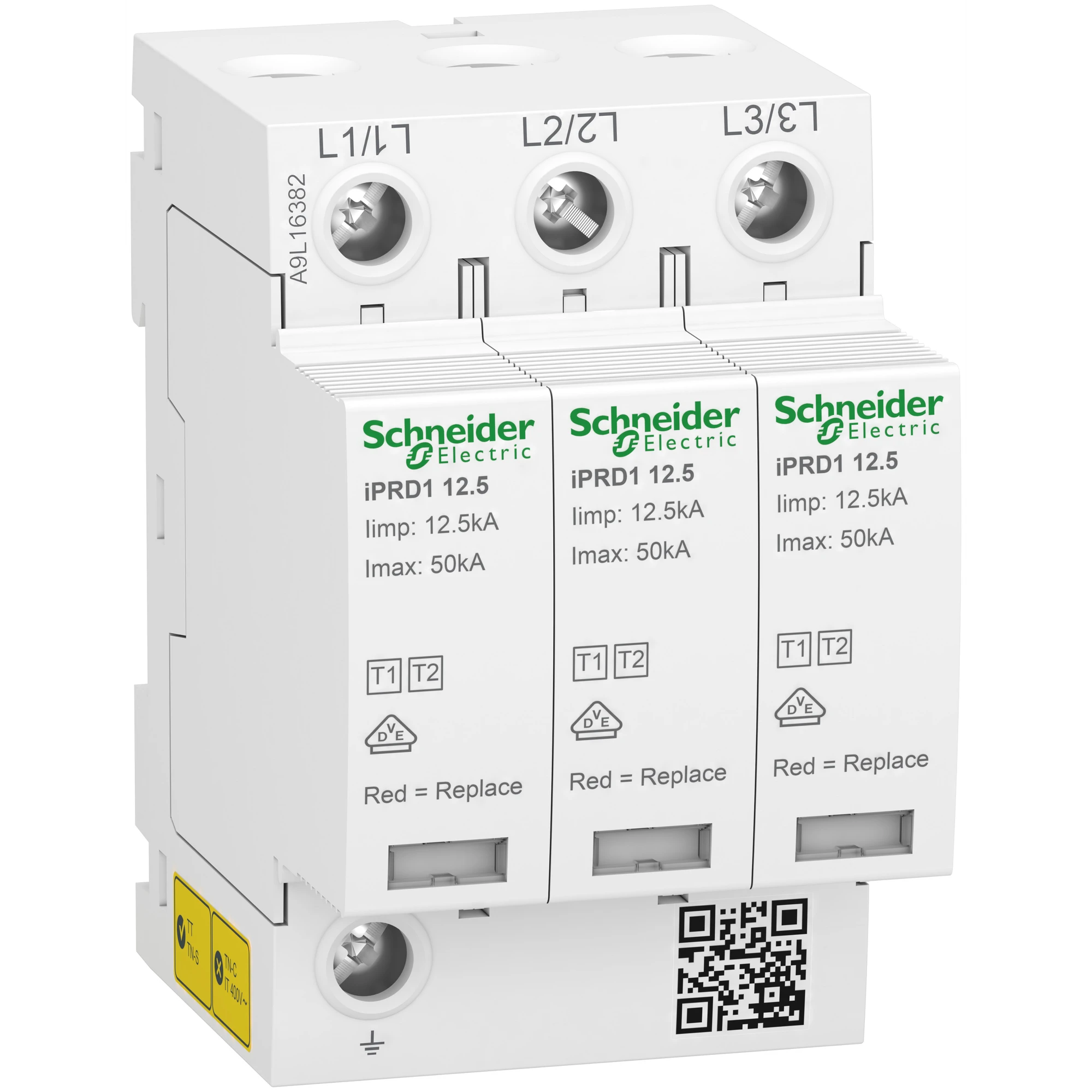 Schneider Electric A9L16382 Combined Arrester Type 1+2, Acti9 iPRD1 12.5r, 3P, 400V AC, Imax 50kA, Remote signaling. (img_001)