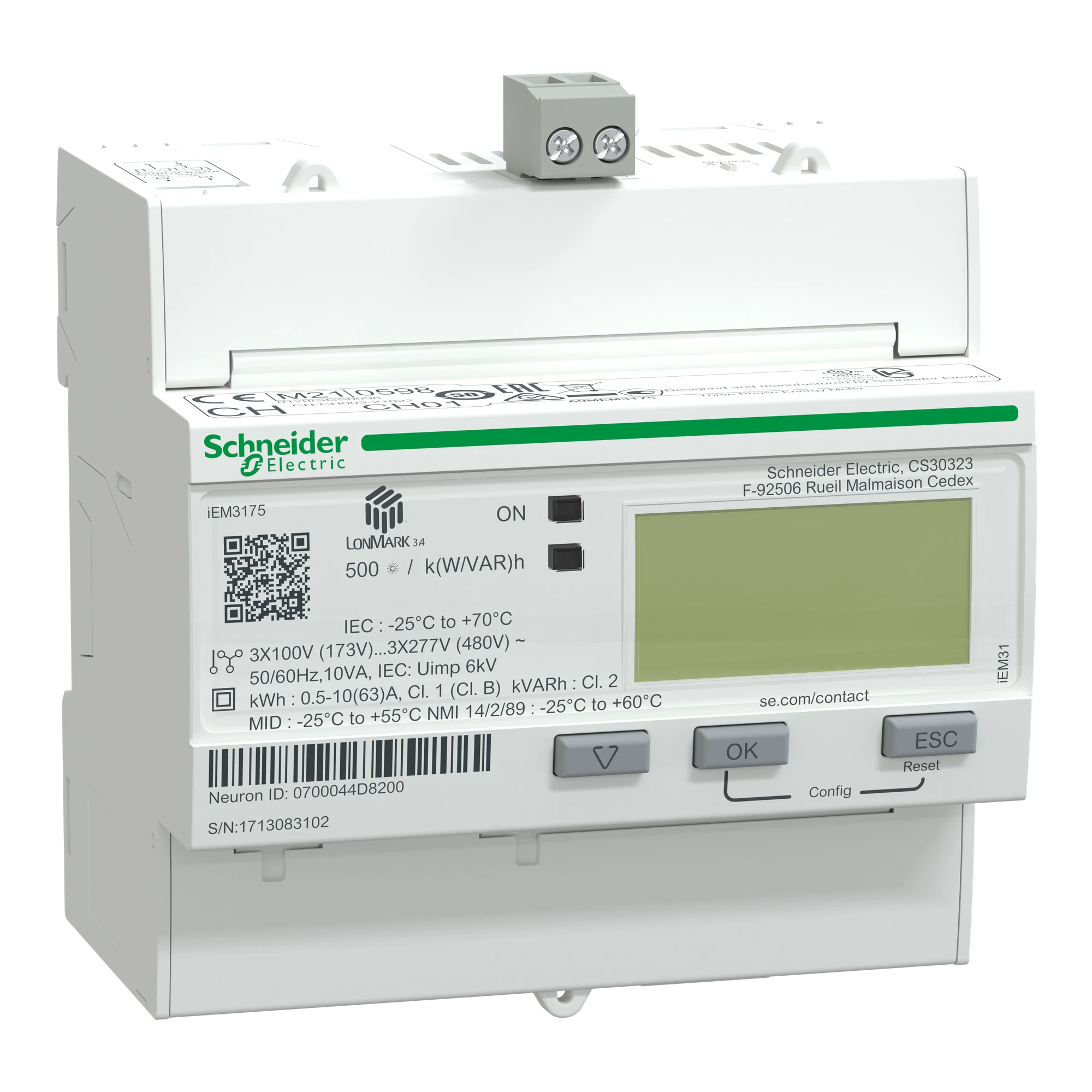 Schneider Electric A9MEM3175 Energy meter, 3-phase, 63A, advanced measurement function, LON, 1E, MID compliant (img_001)