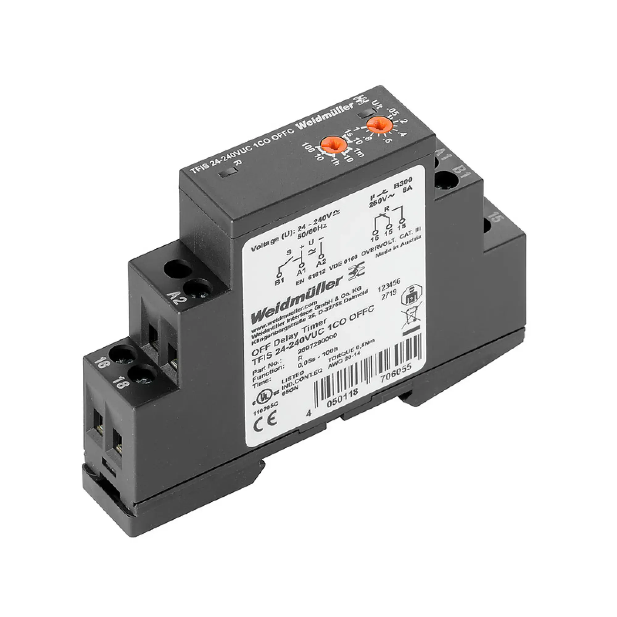 Weidmüller 2697290000 Timing relay, 24...240 V UC -15 % / +10 %, 1 CO contact (AgNi) , 8 A, Screw connection (img_001)