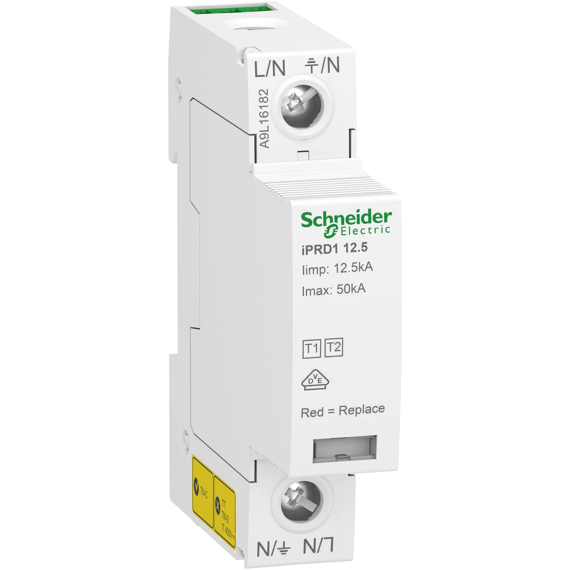 Schneider Electric A9L16182 Combined Lightning Current and Surge Arrester Type 1+2, Acti9 iPRD1 12.5r, 1P, 230V AC, Imax 50kA, Remote Signaling. (img_001)