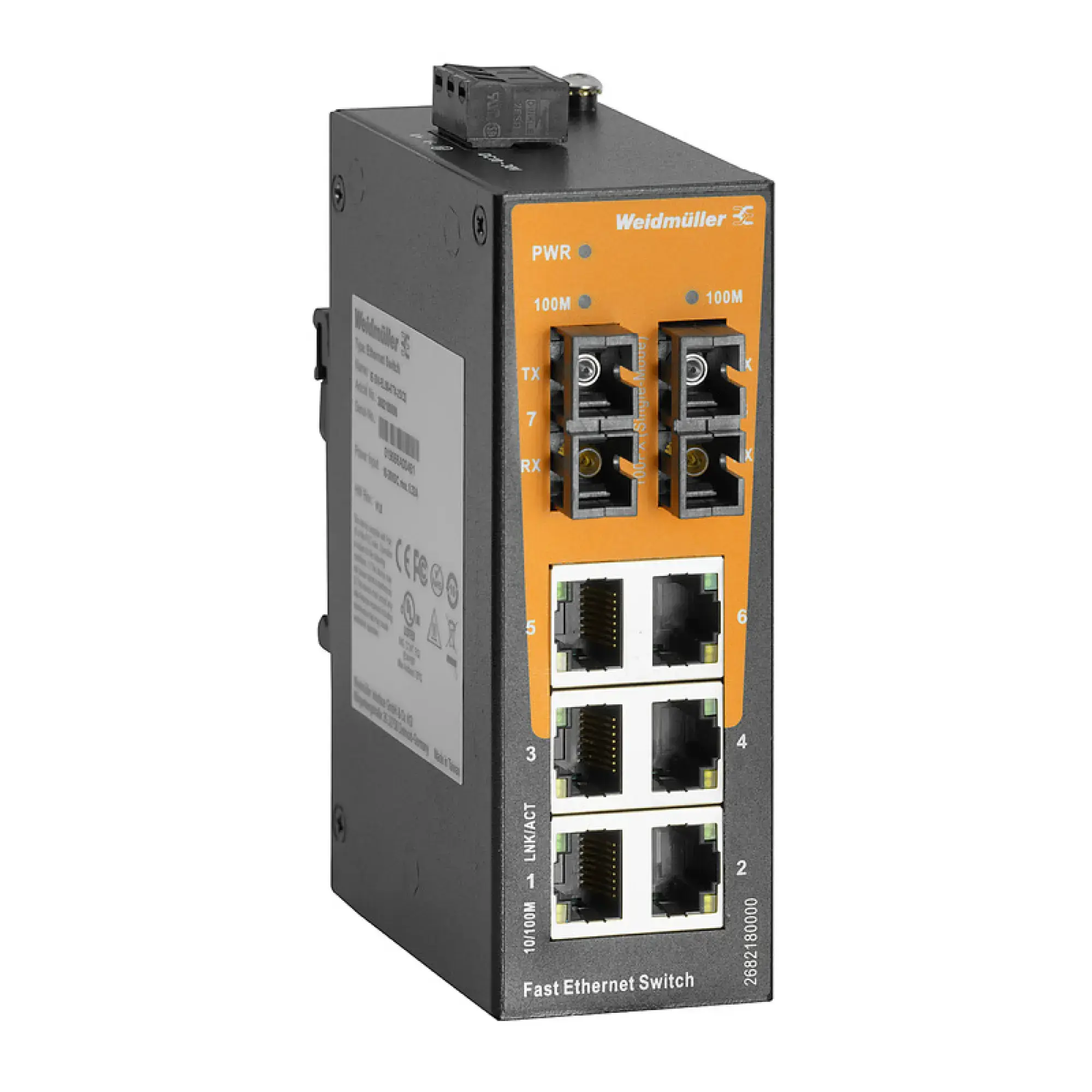 Weidmüller 2682180000 Network switch (unmanaged), unmanaged, Fast Ethernet, Number of ports: 6x RJ45, 2x SC Single-mode, -40 °C...75 °C, IP30 (img_001)