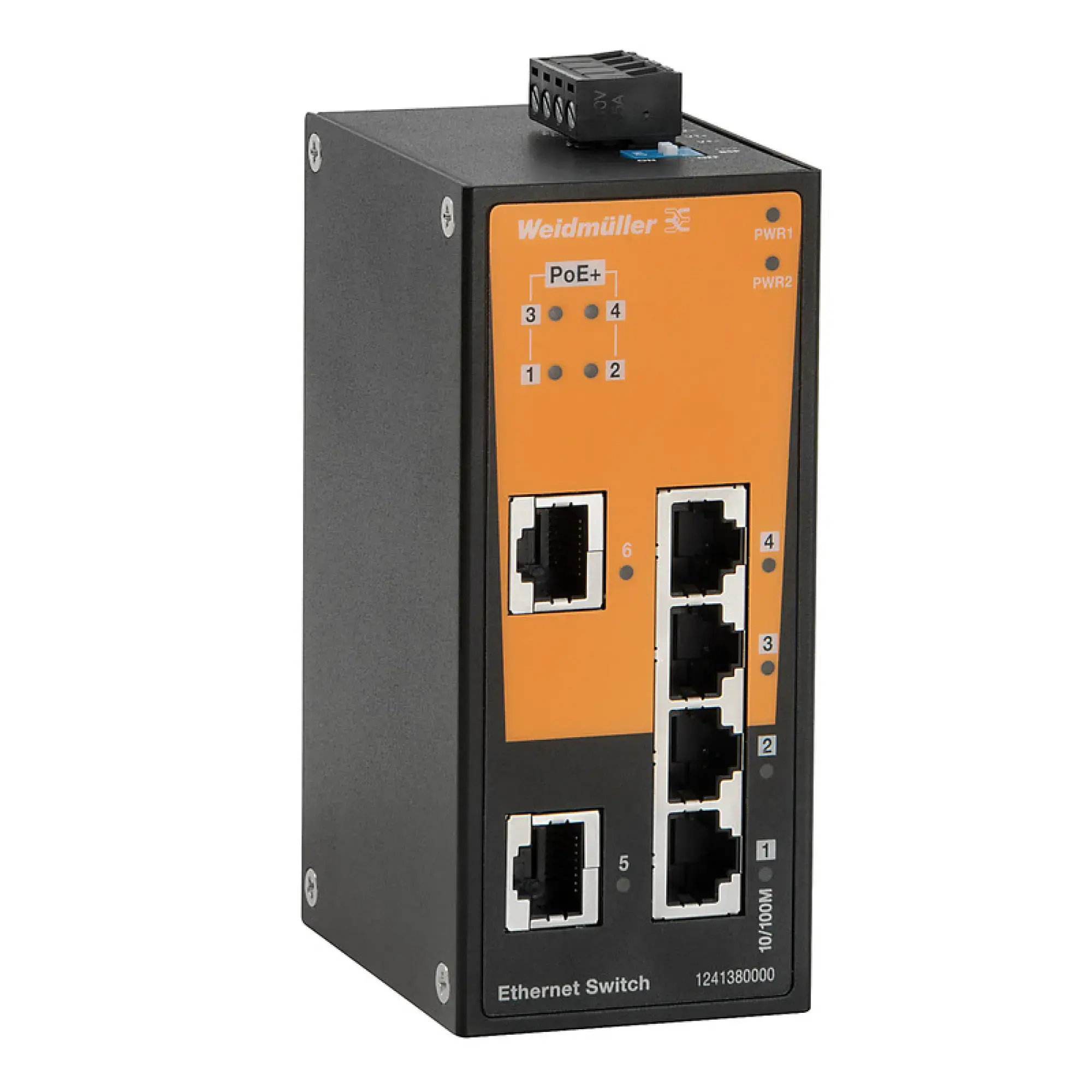 Weidmüller 1241380000 Network switch (unmanaged), unmanaged PoE, Fast Ethernet, Number of ports: 2 * RJ45 10/100 BaseT(X), 4 * RJ45 10/100 BaseT(X) PoE+, -10 °C...60 °C, IP (img_001)