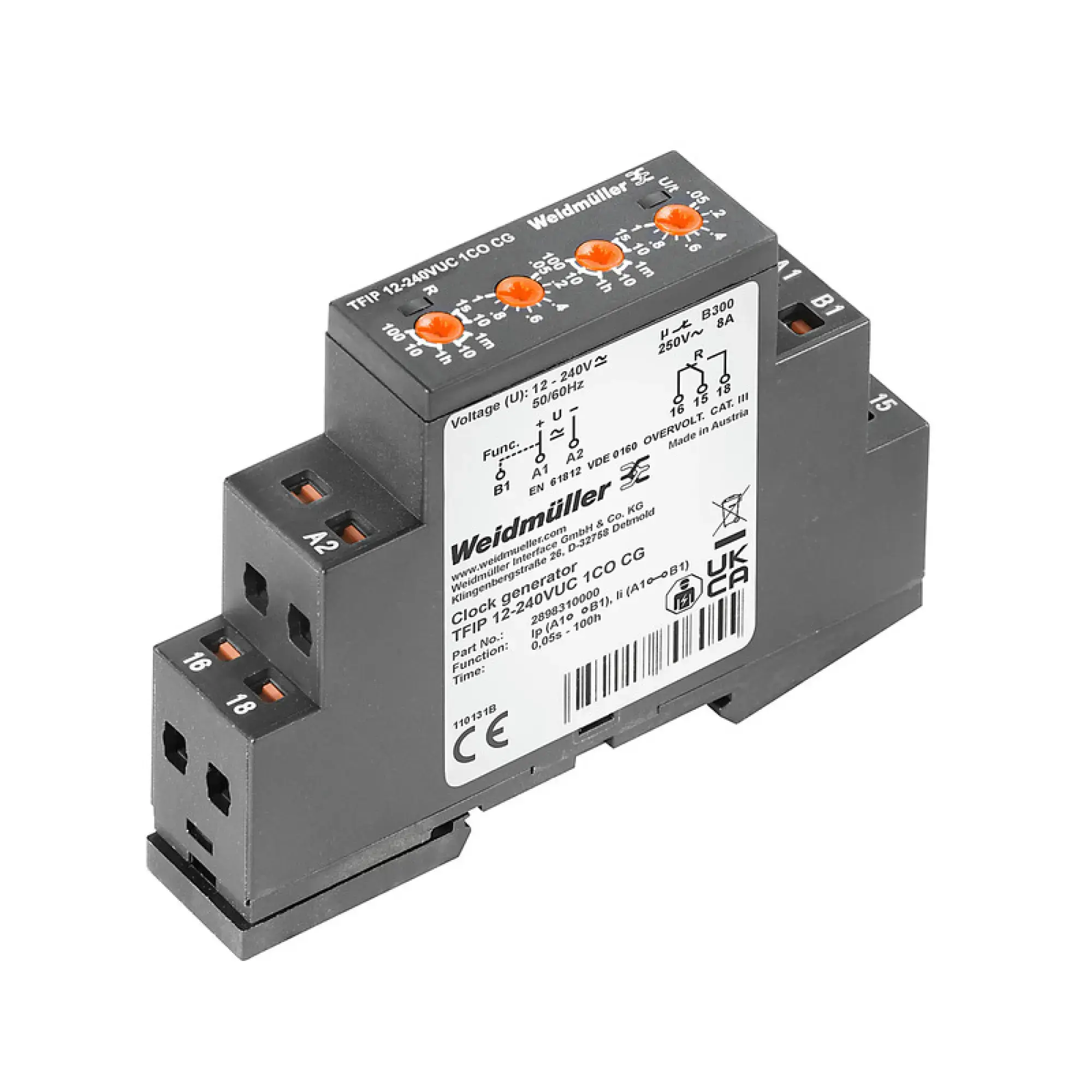 Weidmüller 2898310000 Timing relay, 12...240 V UC -10 % / +10 %, 1 CO contact (AgNi) , 8 A, PUSH IN (img_001)