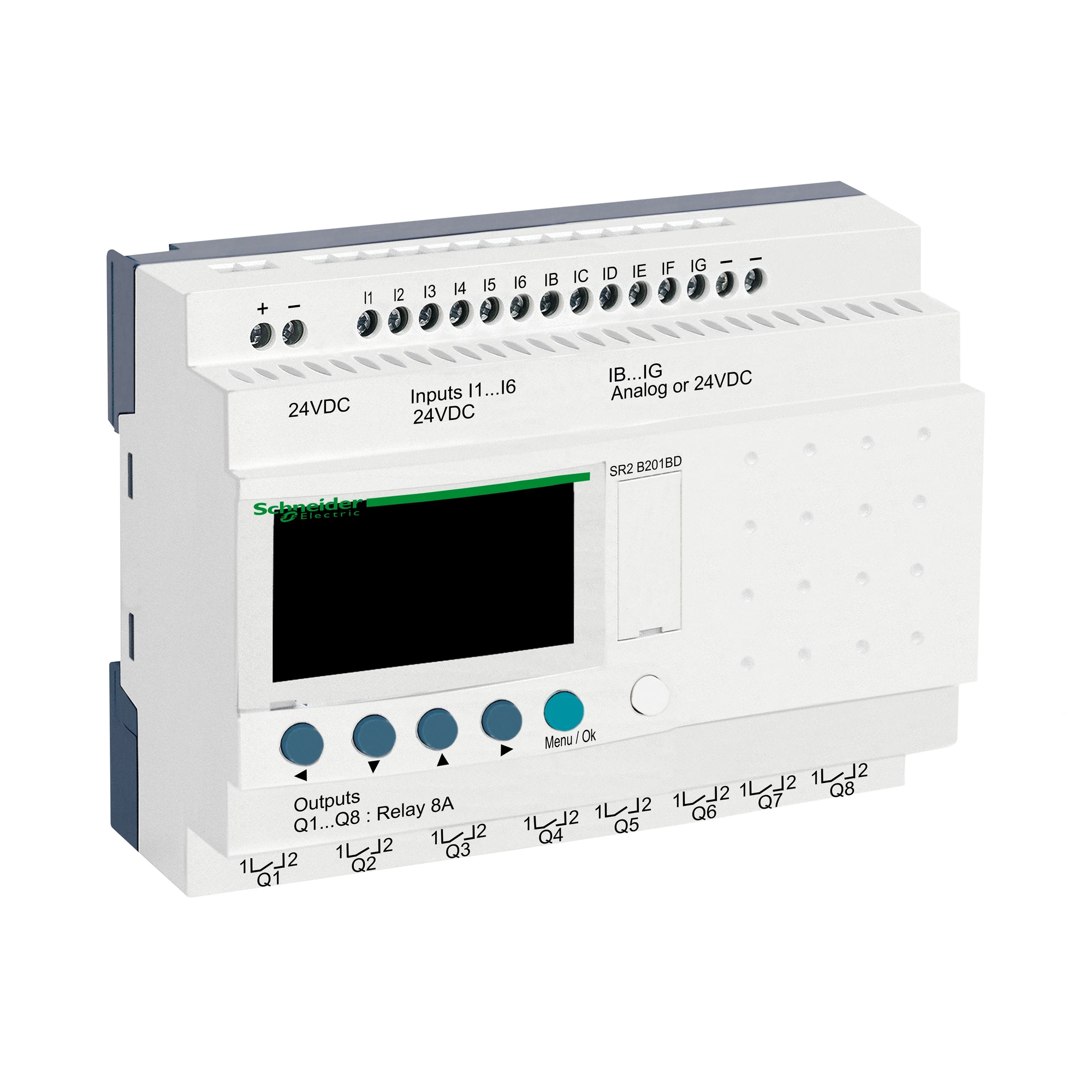 Schneider Electric SR2B201BD PLC control relay, Zelio Logic, compact design, 20 I/O, 24 VDC, display, clock, relay outputs (img_001)