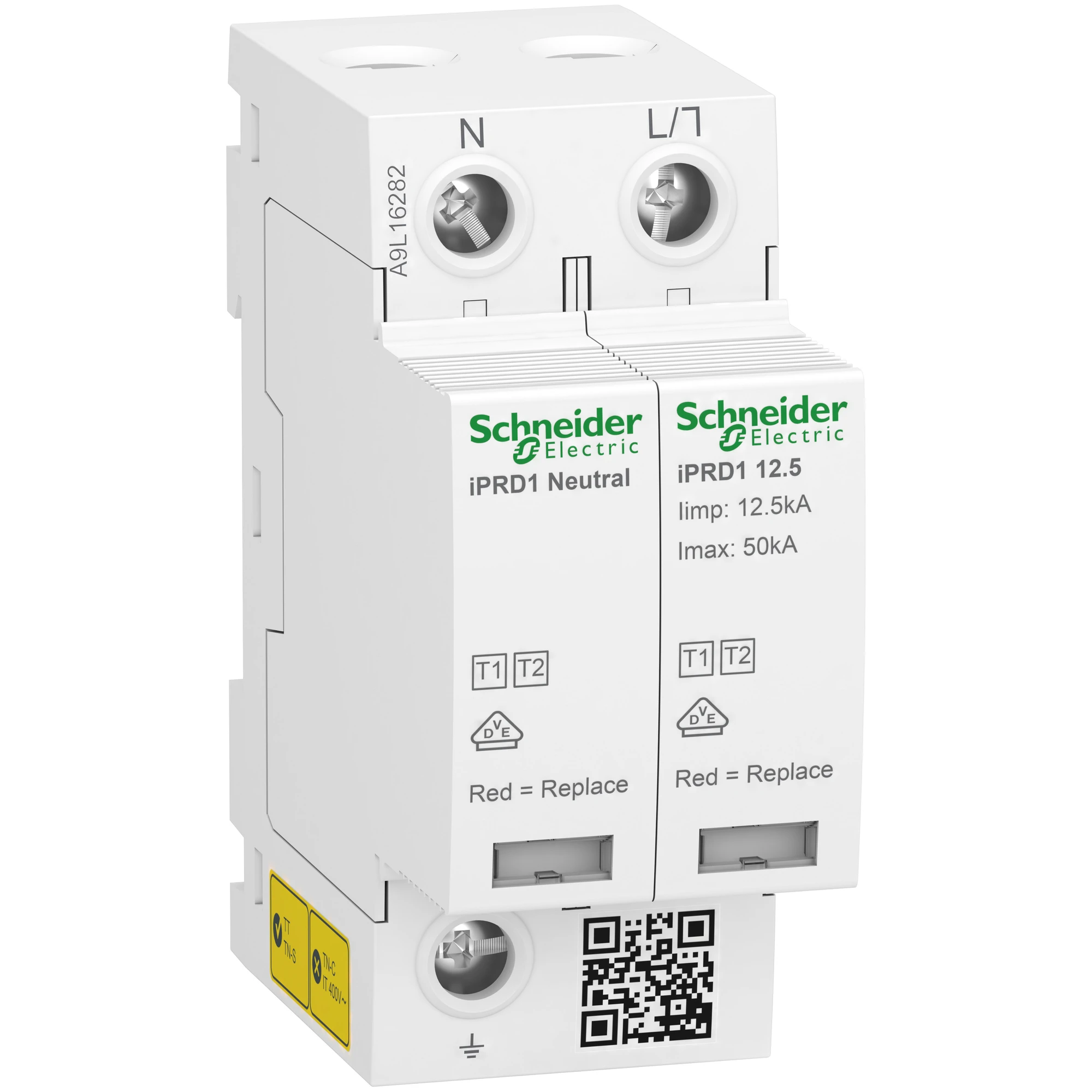 Schneider Electric A9L16282 Combined Lightning and Surge Arrester Type 1+2, Acti9 iPRD1 12.5r, 1P+N, 230V AC, Imax 50kA, Remote Signaling. (img_001)