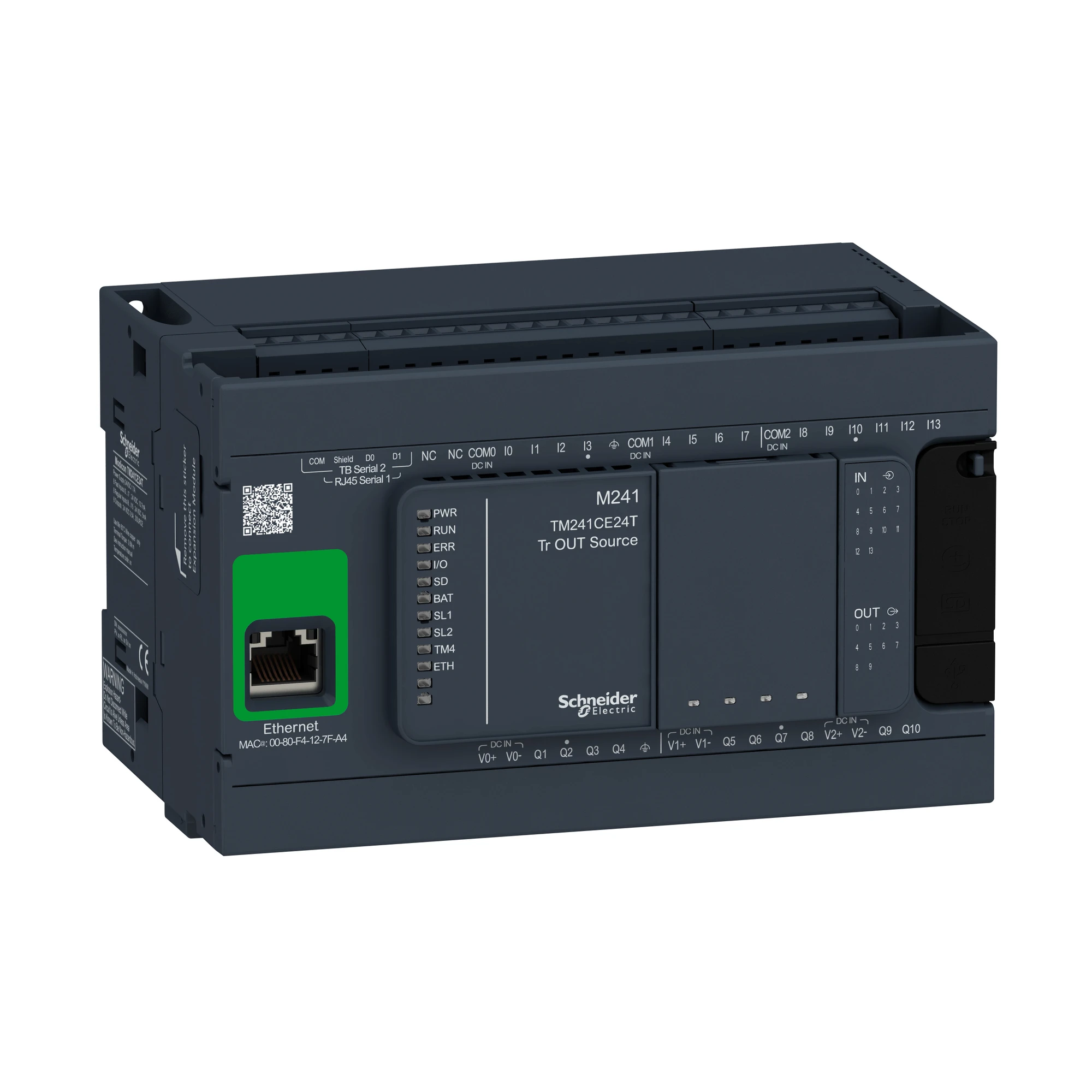 Schneider Electric TM241CE24T PLC Control, Modicon M241, 24 I/O, Ethernet, 2x Modbus, 24 VDC, Source Transistor, Screw Terminals (img_001)