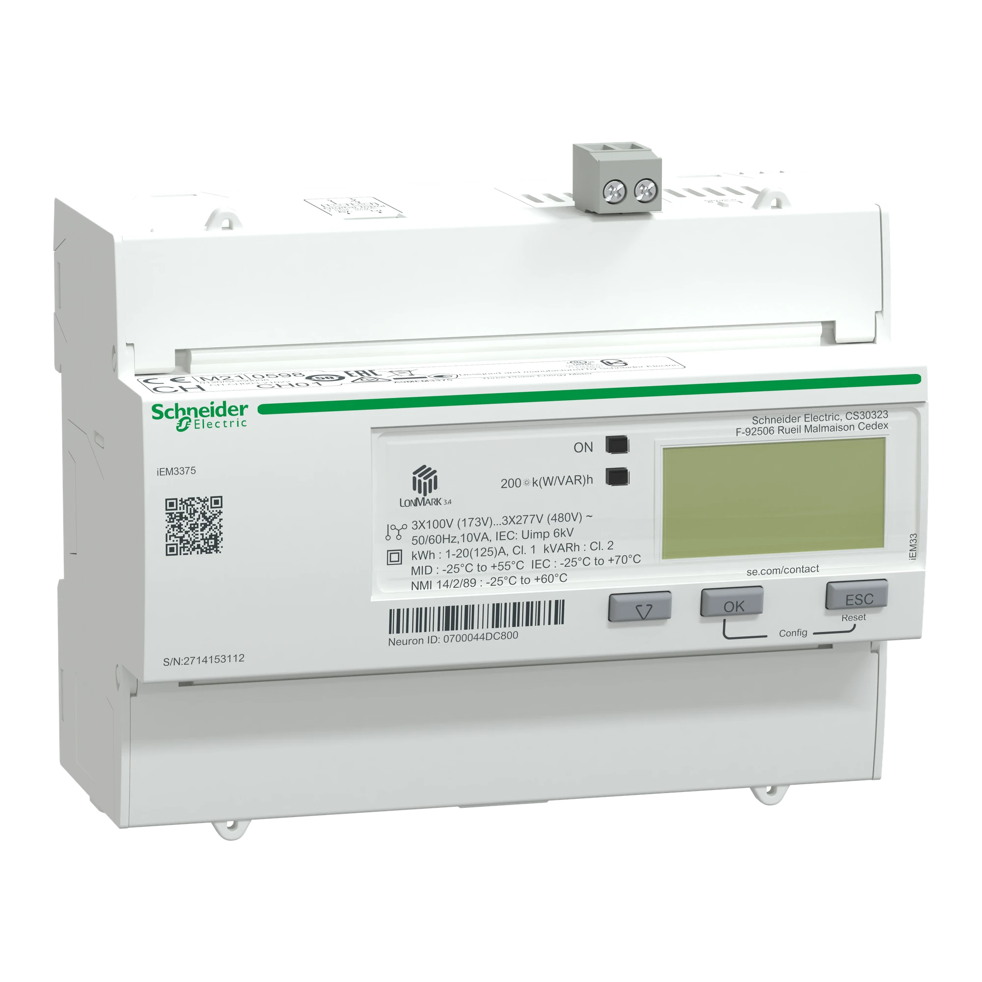 Schneider Electric A9MEM3375 IEM3375 Energy Meter, 3-phase, 125A, LON, 1E, 4 Tariffs (img_001)