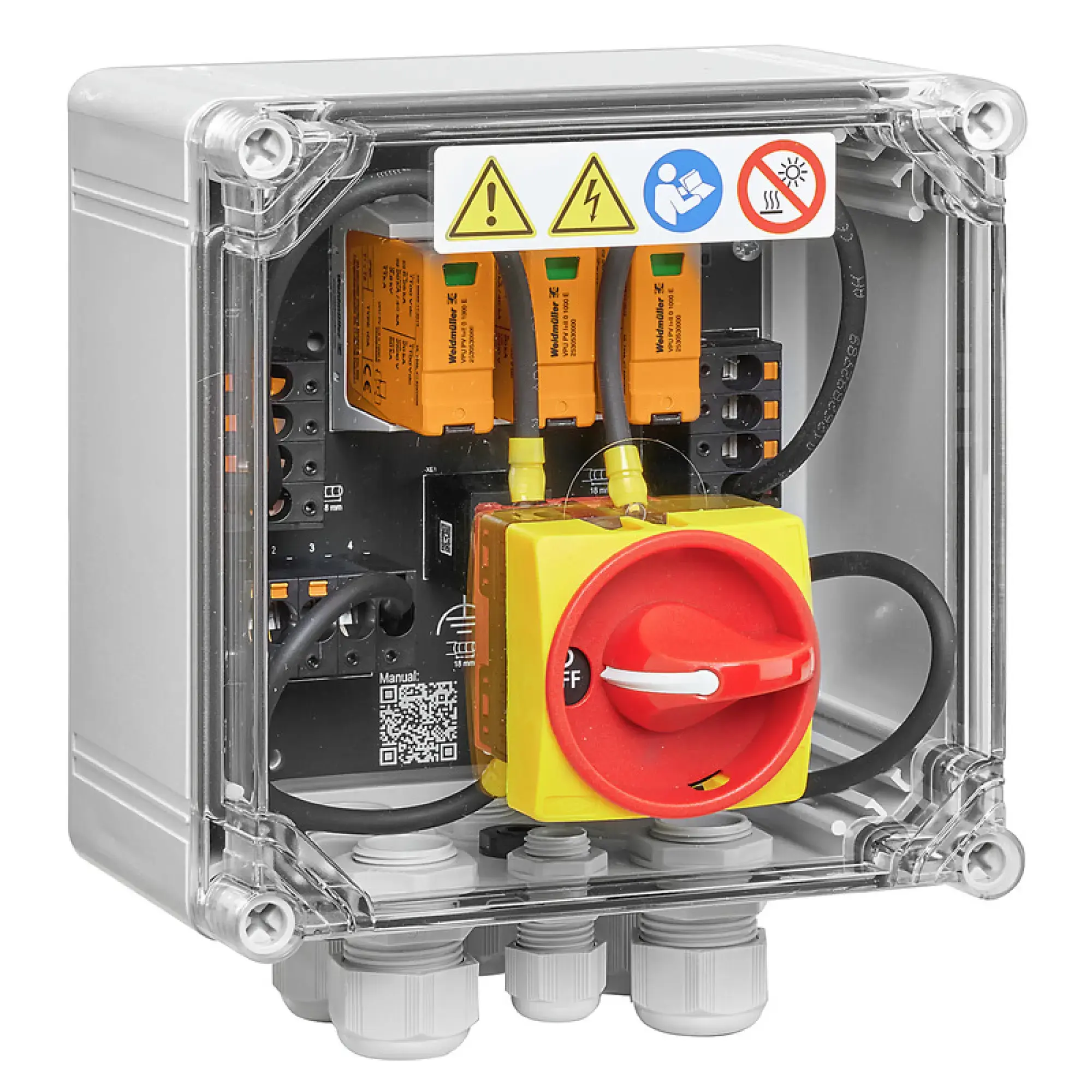Weidmüller 2890590000 Combiner Box (Photovoltaik), 1100 V, 1 MPP, 3 Inputs / 3 Outputs per MPP, Surge protection I / II, Switch disconnector, Cable gland (img_001)