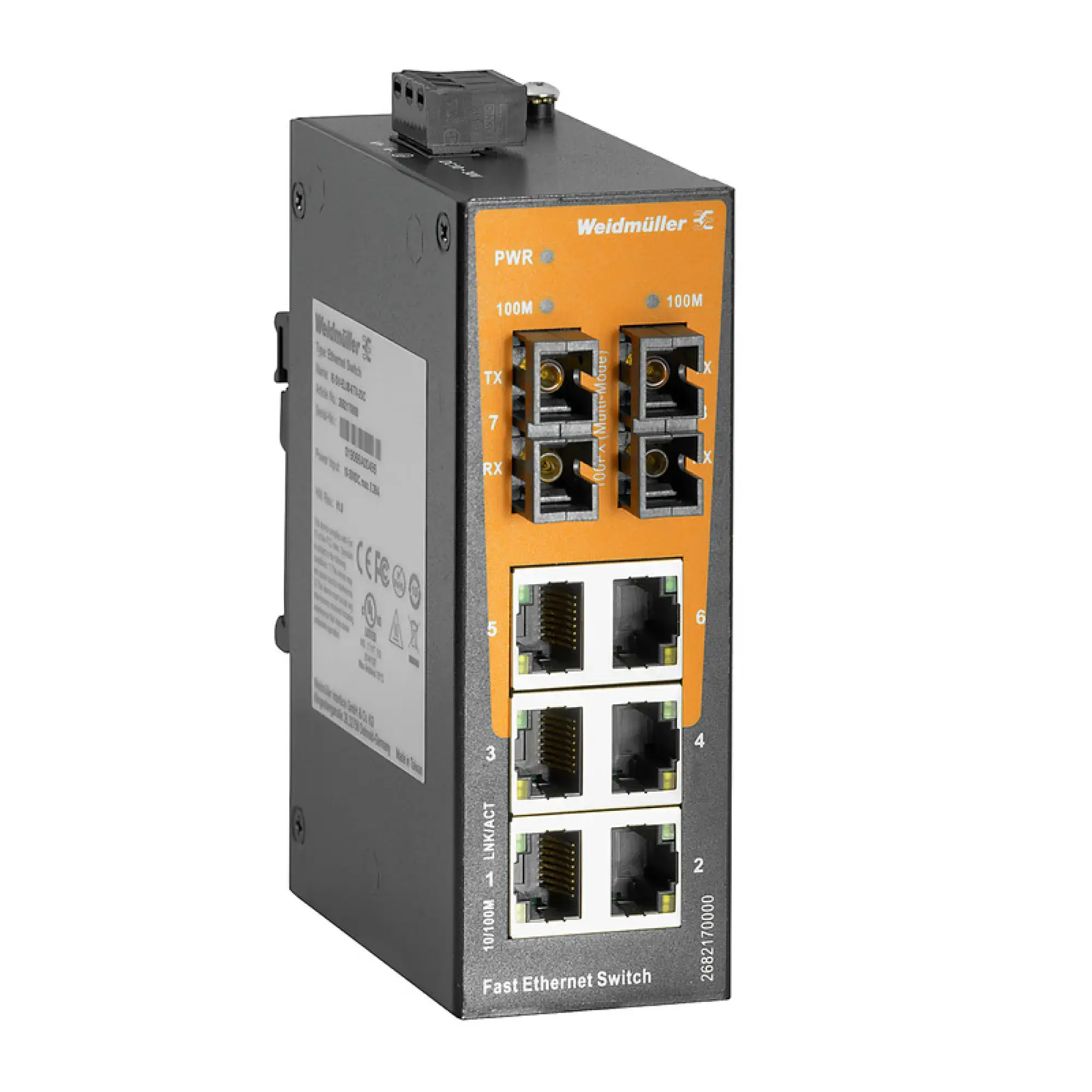 Weidmüller 2682170000 Network switch (unmanaged), unmanaged, Fast Ethernet, Number of ports: 6x RJ45, 2x SC Multi-mode, -40 °C...75 °C, IP30 (img_001)