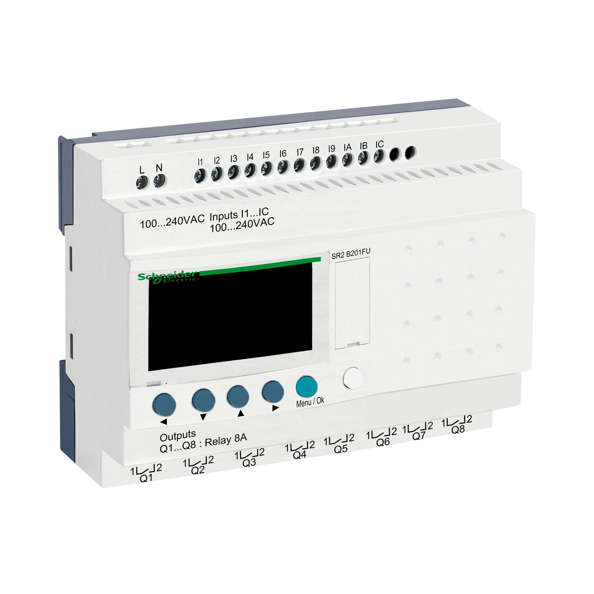 Schneider Electric SR2B201FU PLC control relay, Zelio Logic, compact design, 20 I/O, 100 to 240 VAC, display, clock, relay outputs (img_001)
