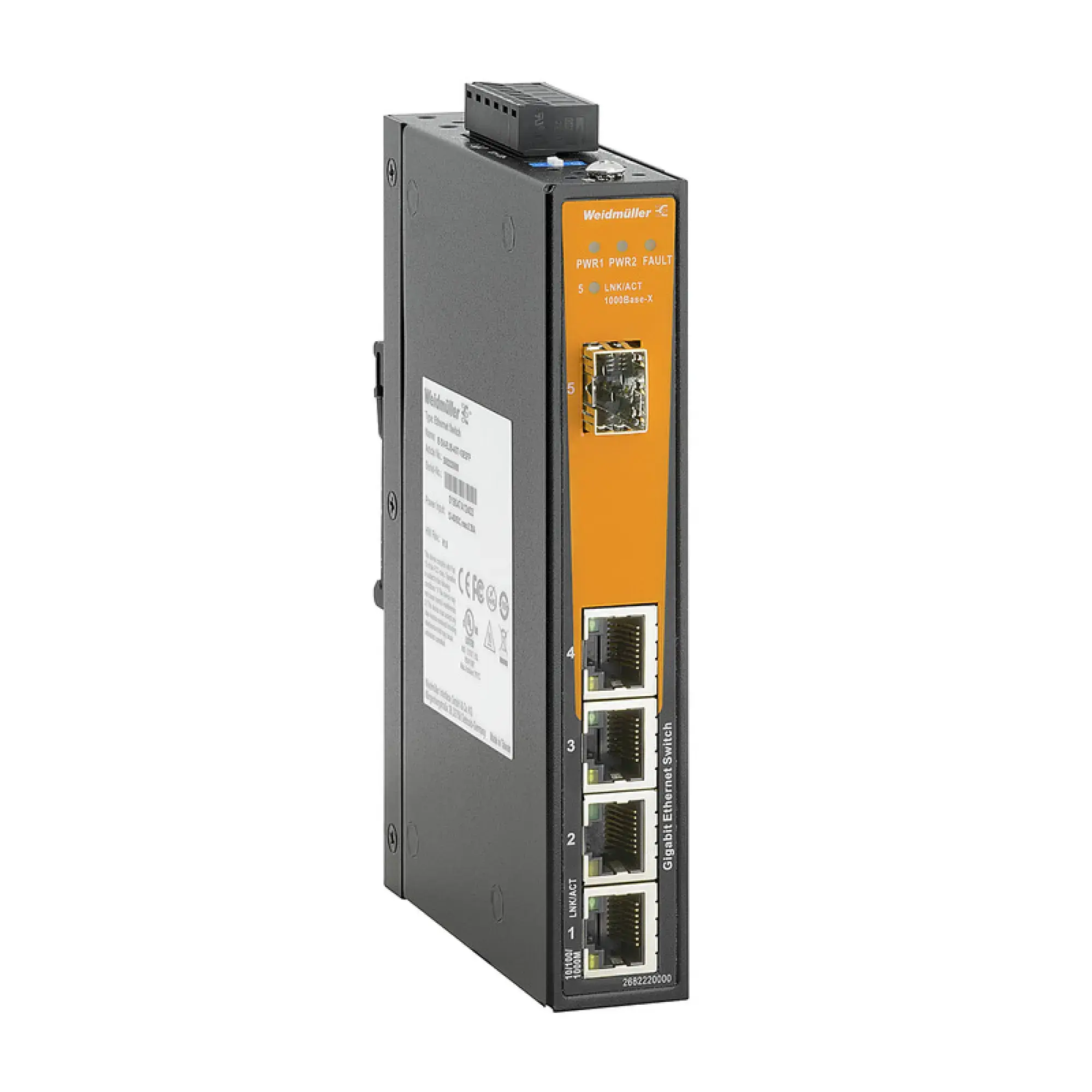 Weidmüller 2682220000 Network switch (unmanaged), unmanaged, Gigabit Ethernet, Number of ports: 4 x RJ45, 1x 1000BaseSFP Slot, -40 °C...75 °C, IP30 (img_001)