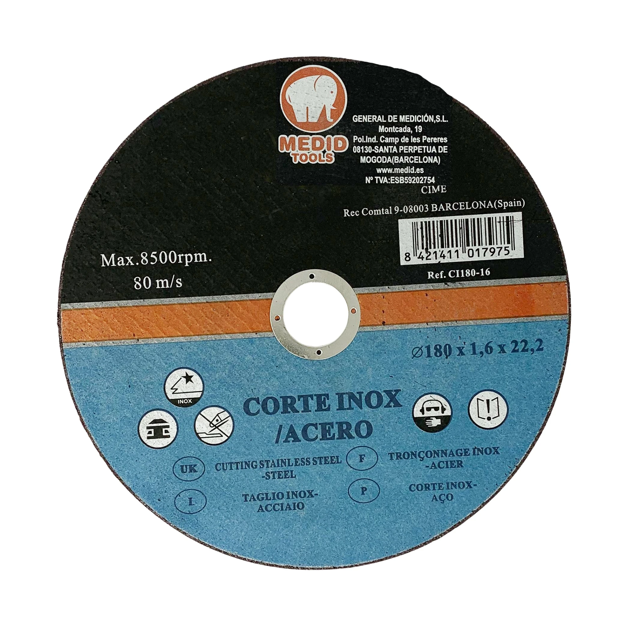 MEDID CI18016 Steel and stainless steel cutting discs for angle grinders diameter ext.180 mm- thickness 1,6 mm (img_001)