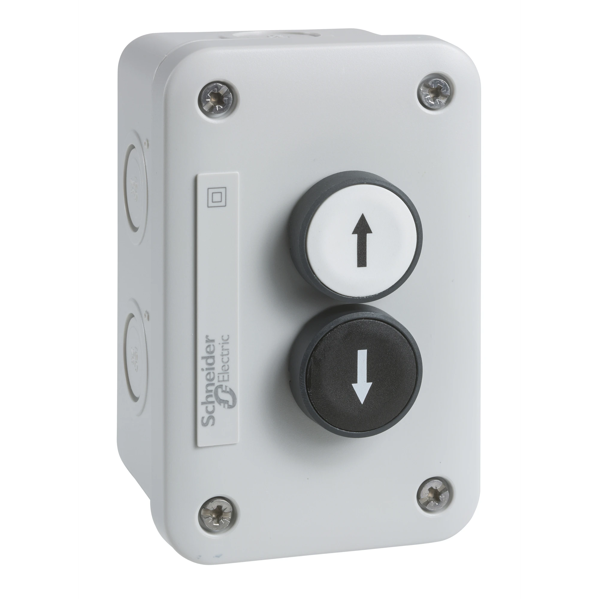 Schneider Electric XALE2221 Surface mounting enclosure, Harmony XALE, plastic, light grey, 2 push buttons, white, black, arrows up-down, 22mm, 2S (img_001) Schneider Electric XALE2221 Surface mounting enclosure, Harmony XALE, plastic, light grey, 2 push buttons, white, black, arrows up-down, 22mm, 2S (img_001)