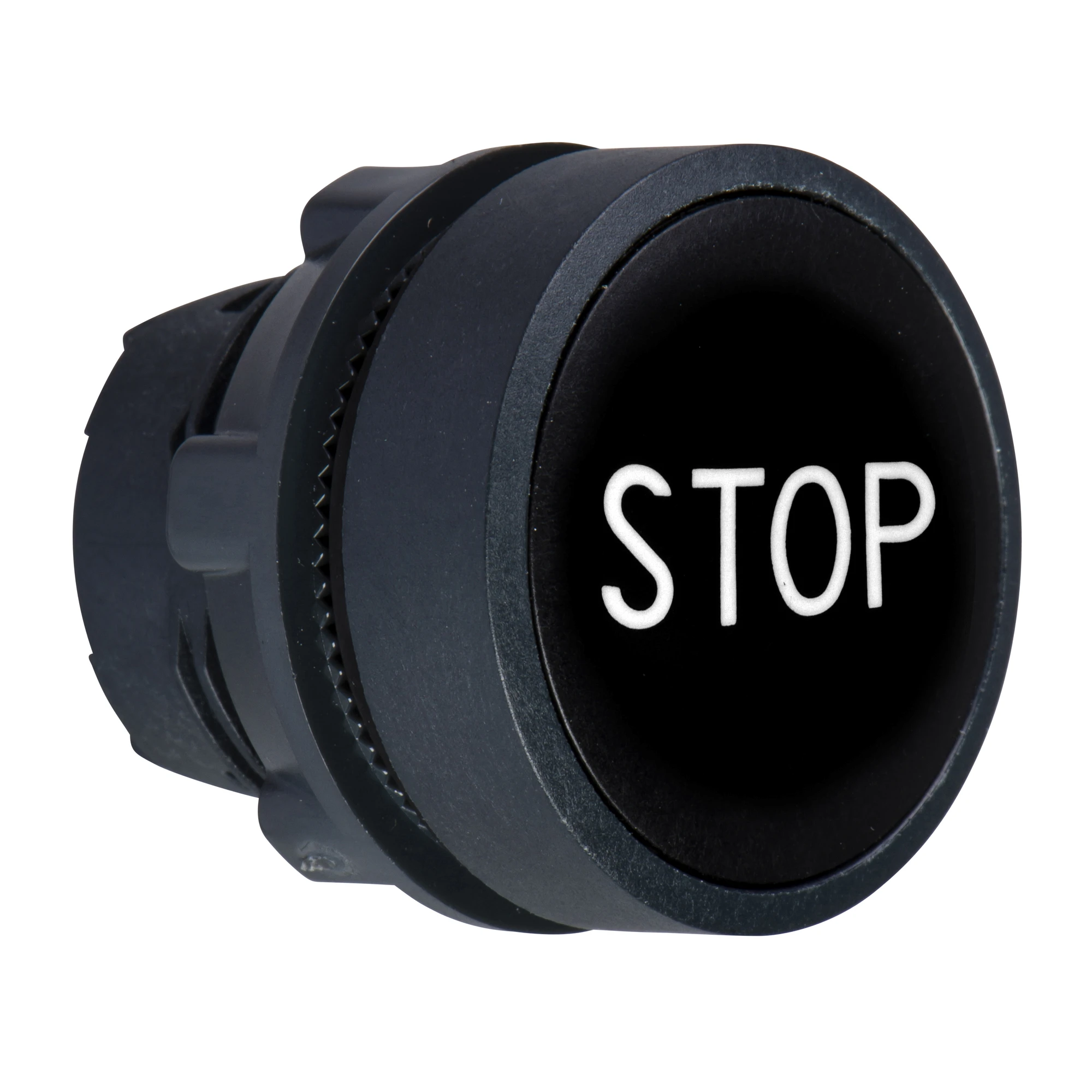 Schneider Electric ZB5AA234 Push Button, Front Element, Harmony XB5, Plastic, 22mm, Black, Labeled STOP, Momentary (img_001)