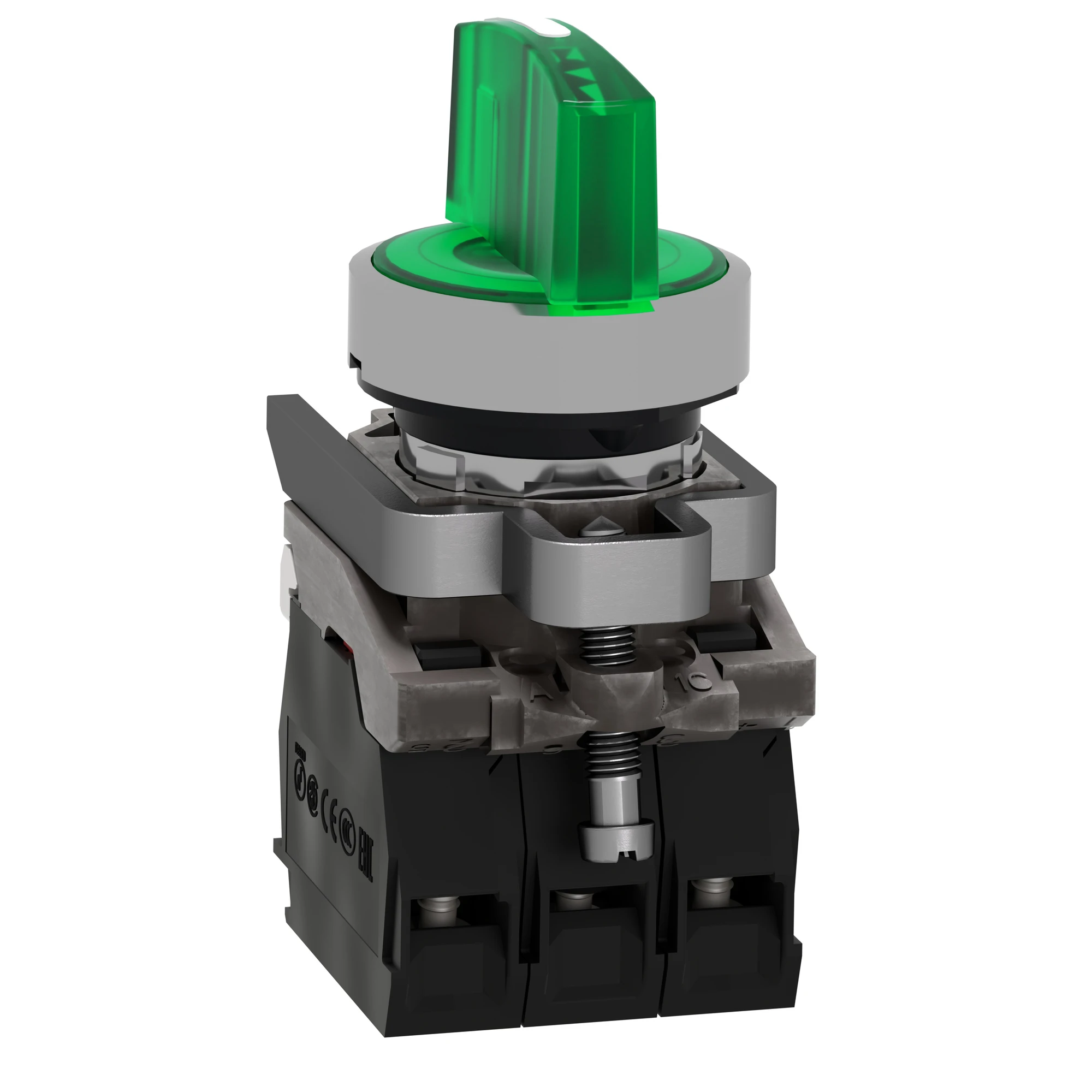 Schneider Electric XB4BK133M5 Illuminated selector switch, Harmony XB4, metal, 22mm, green, universal LED, 3 positions, 1NC+1NO, 230-240V AC (img_007)