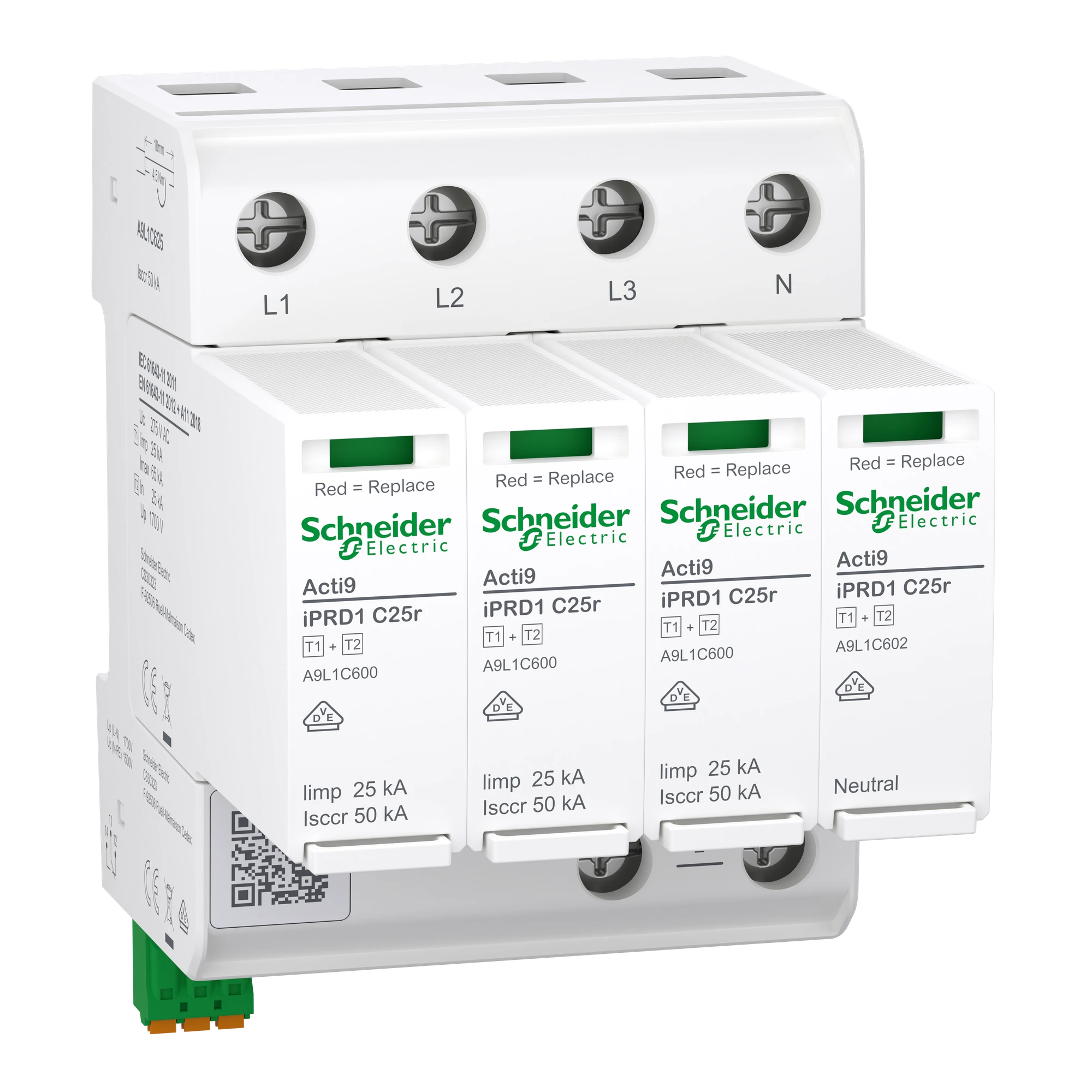 Schneider Electric A9L1C625 Combination arrester, Acti9 iPRD1 C25r, Type 1+2, plug-in protection modules, 3P+N, Iimp 25kA, compact 4TE, FM contact (img_001)
