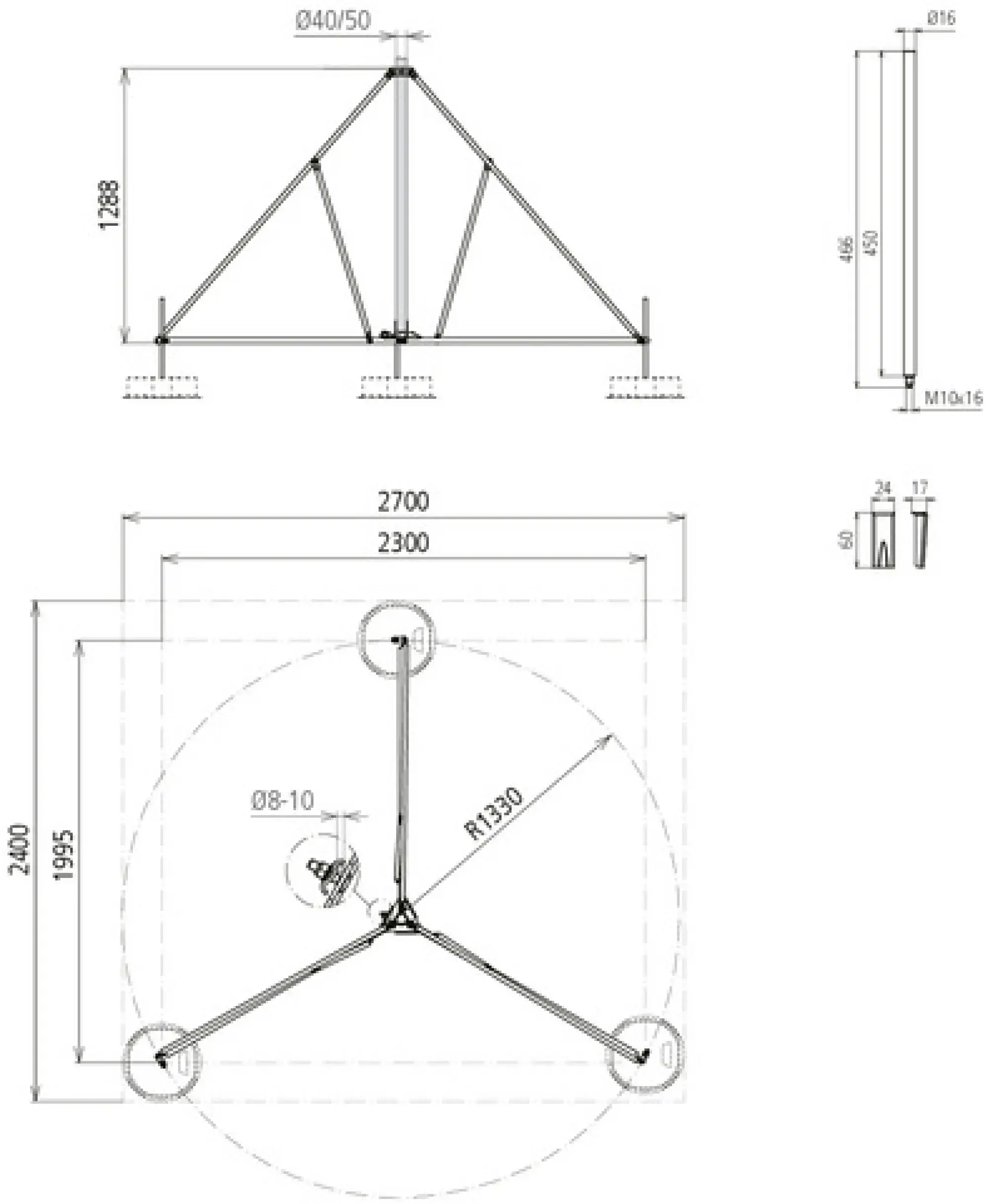 Dehn 107391 Tripod hinged w. half shell f. tube D40/50mm radius 1330mm angle 10° StSt (img_002)