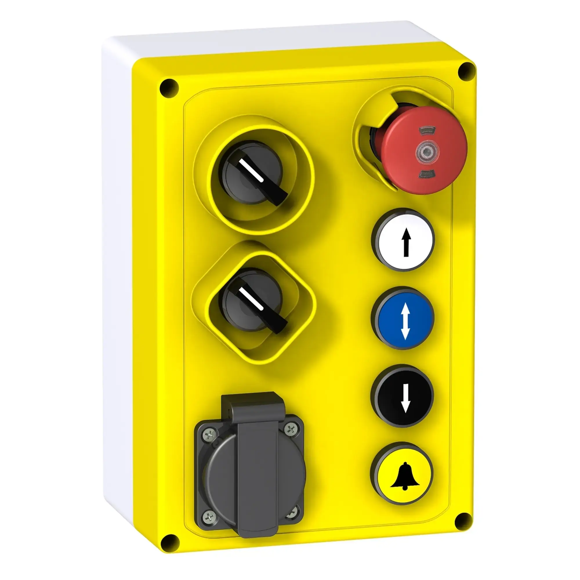 Schneider Electric XALFP7005E Surface mounting enclosure, Harmony XALF, plastic, light grey, yellow, 1 emergency stop switch, 4 push buttons, 2 selector switches, 1 socket (img_002)