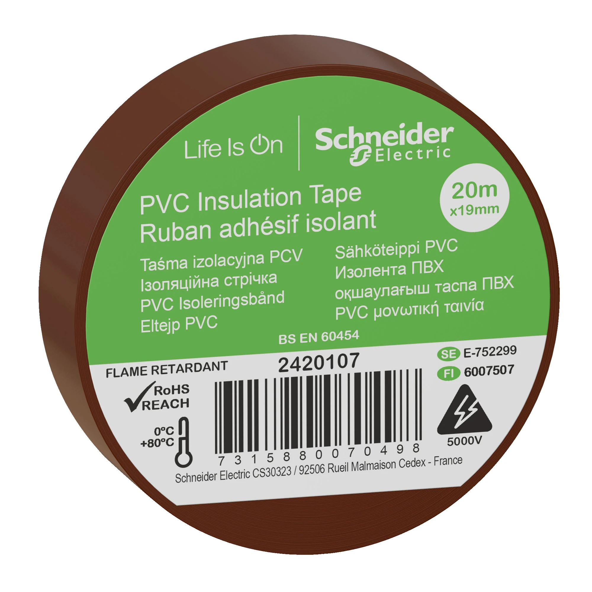 Schneider Electric 2420107 PVC Insulation Tape W=19mm, Length: 20m, Color: brown, (PU=8 rolls) (img_001) Schneider Electric 2420107 PVC Insulation Tape W=19mm, Length: 20m, Color: brown, (PU=8 rolls) (img_001)