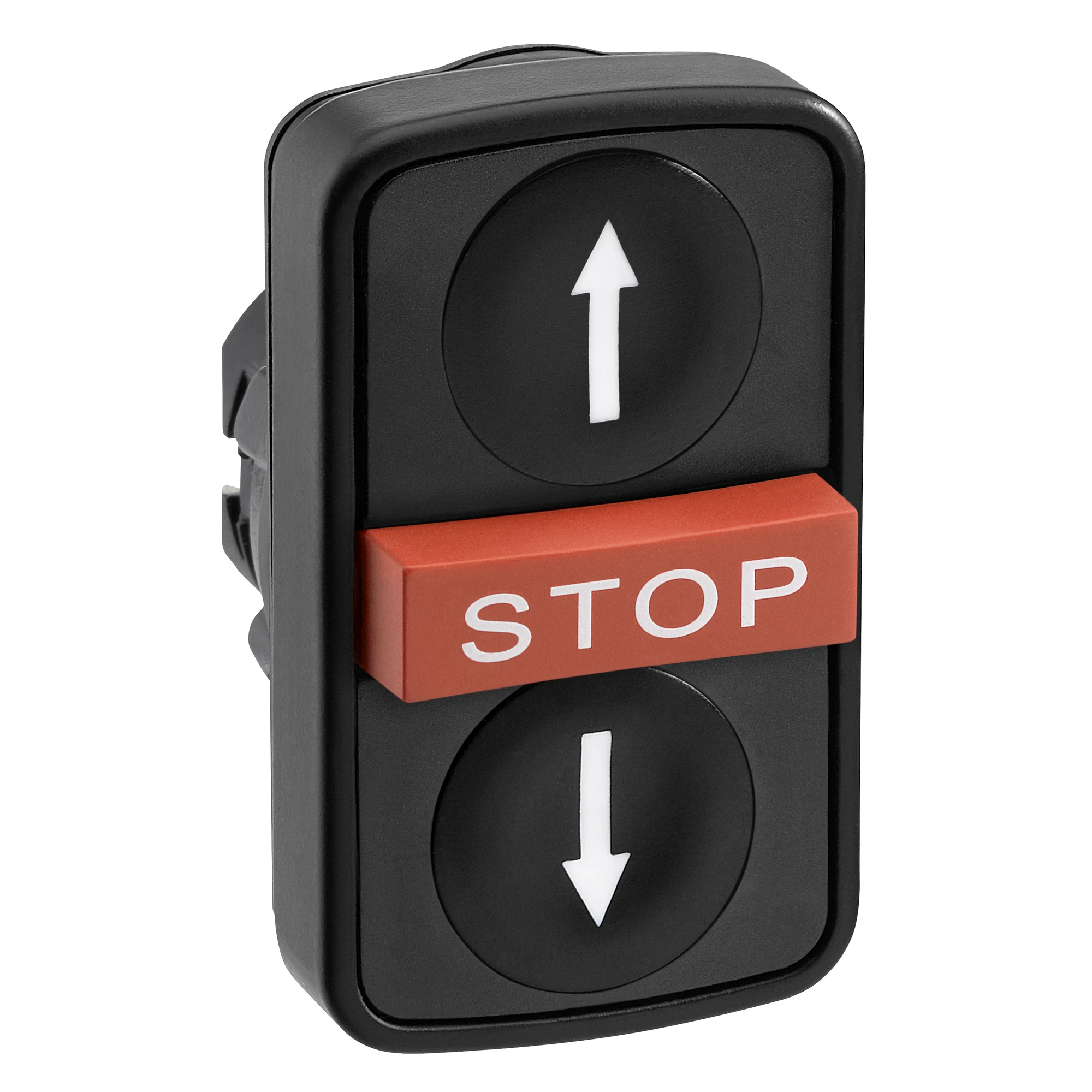Schneider Electric ZB5AA72124 Triple Push Button, Front Element, Harmony XB5, Plastic, 22mm, Black, Red, Labeled Arrows/STOP, Momentary (img_001) Schneider Electric ZB5AA72124 Triple Push Button, Front Element, Harmony XB5, Plastic, 22mm, Black, Red, Labeled Arrows/STOP, Momentary (img_001)