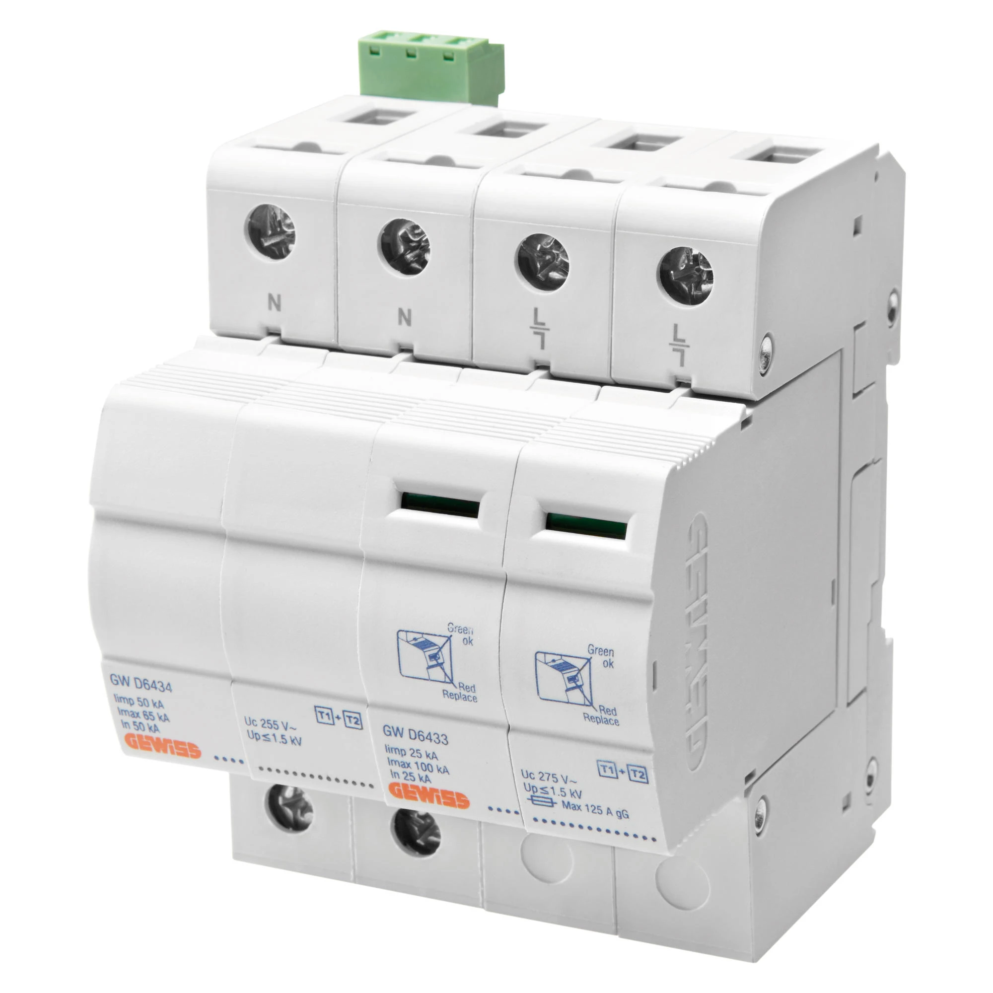 GEWISS GWD6404 Ueberspannungsableiter mit tauschbarem Modul+Kontakt Typ 1+2 230V 25kA 1P+N 4TE (img_001)