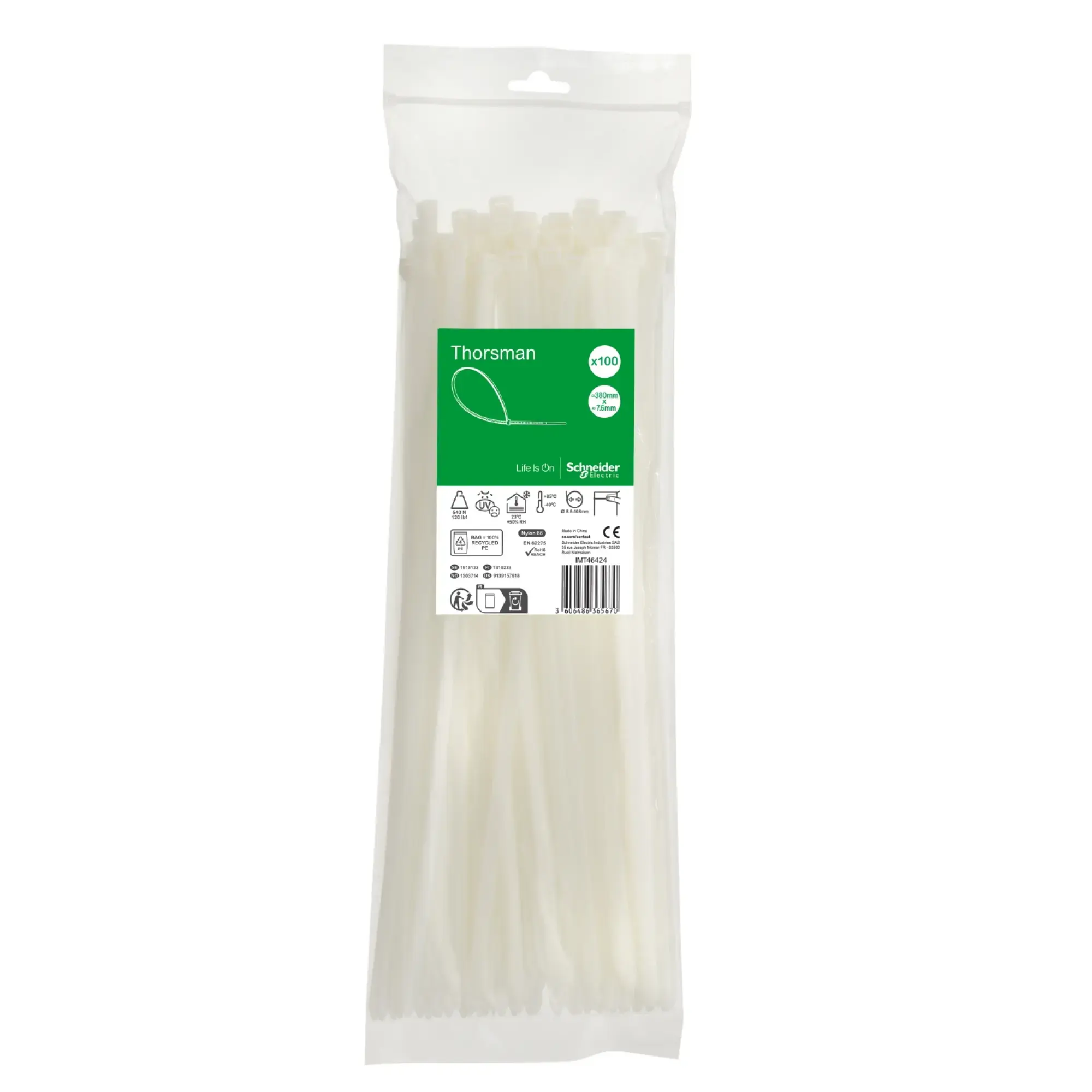 Schneider Electric IMT46424 Thorsman Cable Ties, Dimensions: 380X7.6 mm, Pack of 100 Pieces Color: clear (img_002)