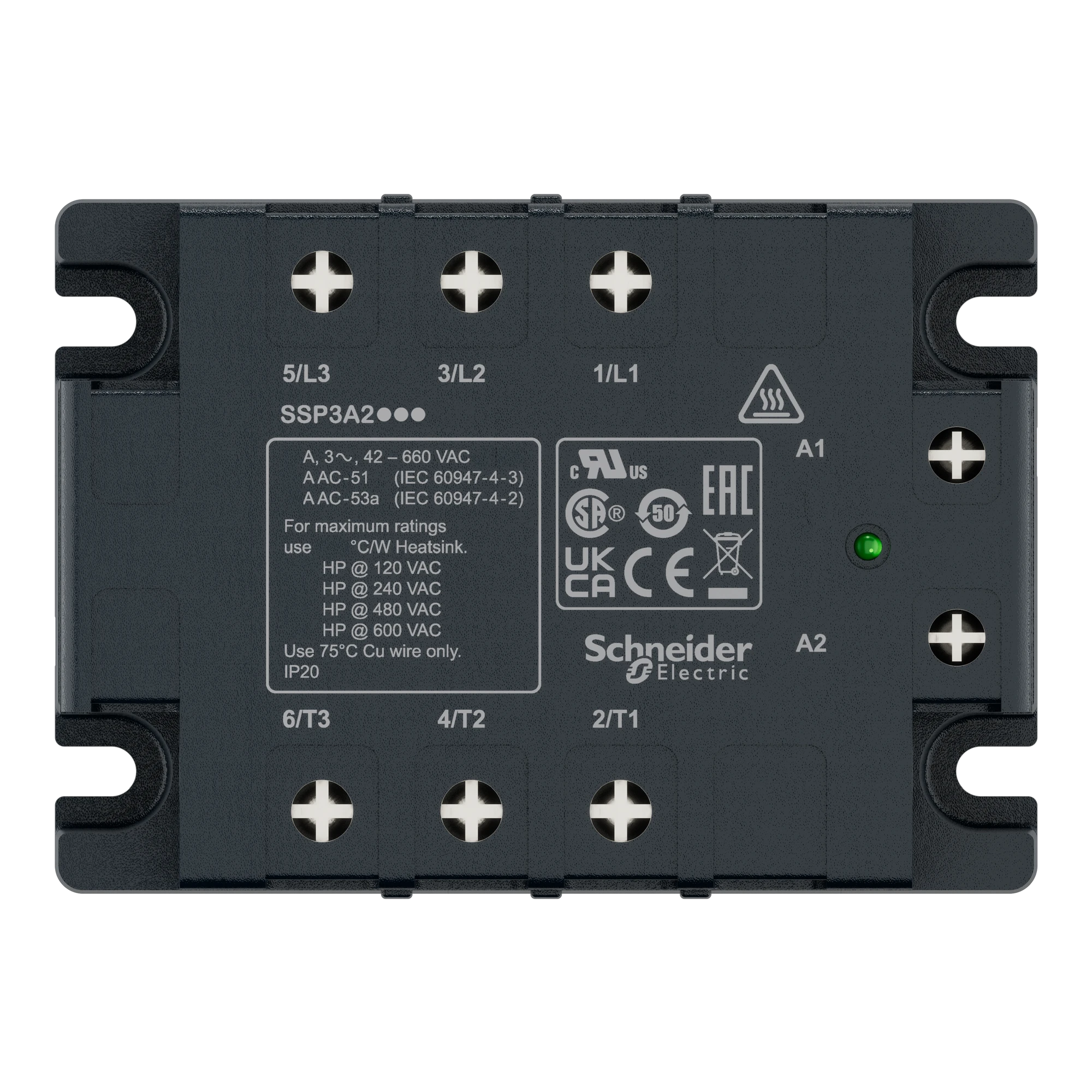 Schneider Electric SSP3A225BDT Semiconductor relay, 48-530 VAC, 3x 25 A, zero voltage, I: 4-32 VDC, heat foil (img_004) Schneider Electric SSP3A225BDT Semiconductor relay, 48-530 VAC, 3x 25 A, zero voltage, I: 4-32 VDC, heat foil (img_004)