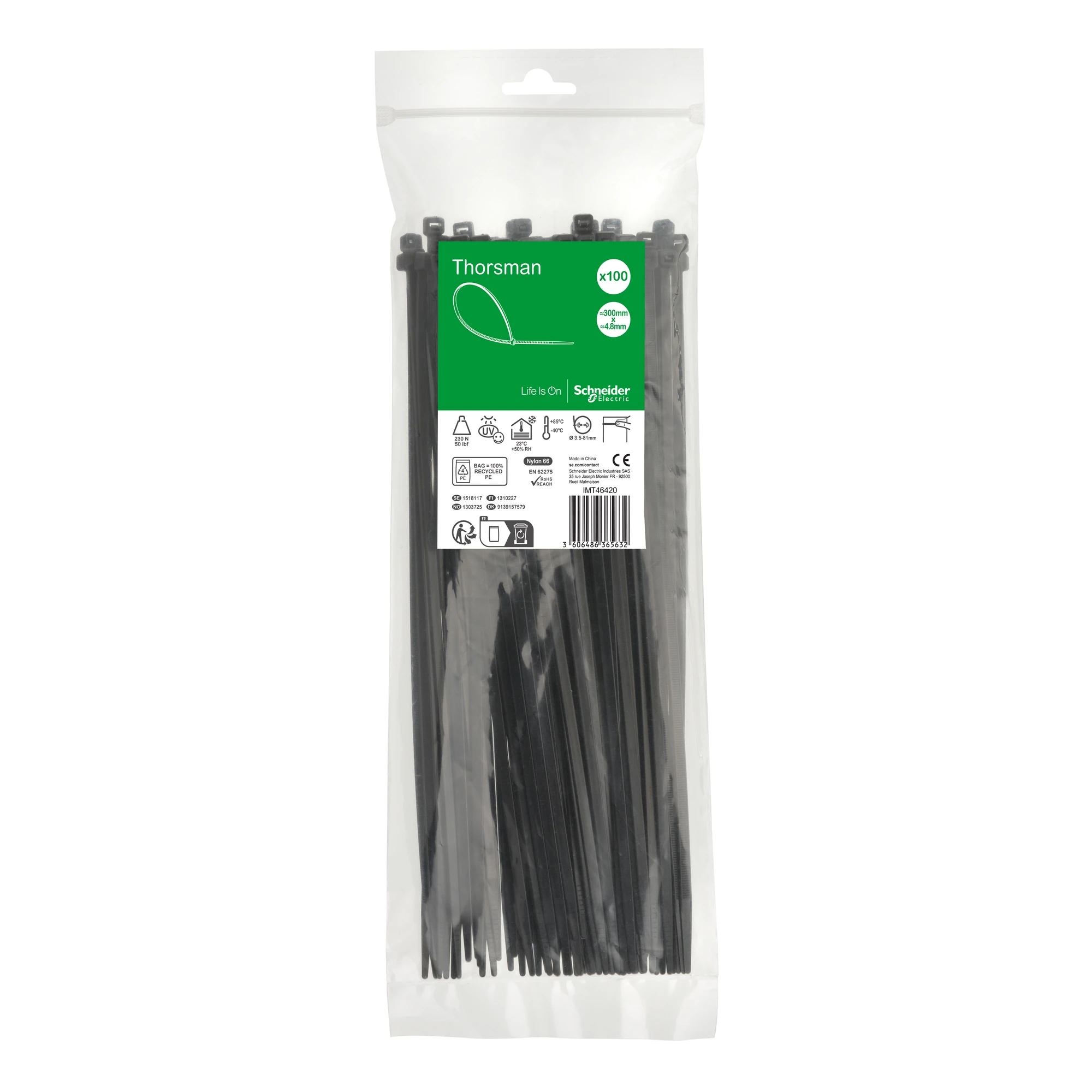 Schneider Electric IMT46420 Thorsman Cable Ties, Dimension: 300X4.8 mm, PCK=100 pieces Color black (img_001) Schneider Electric IMT46420 Thorsman Cable Ties, Dimension: 300X4.8 mm, PCK=100 pieces Color black (img_001)