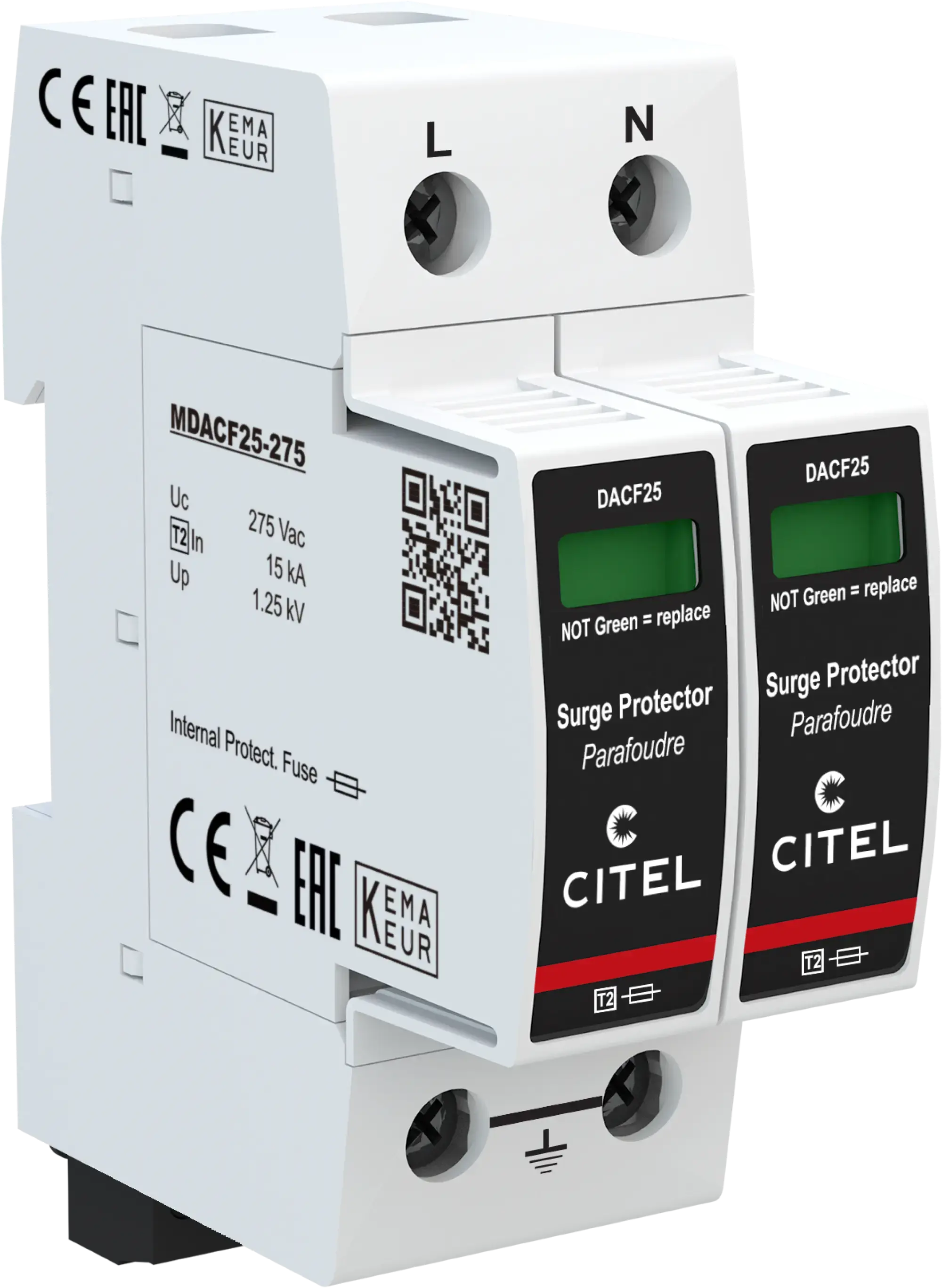 Citel 821410222 Überspannungsschutz 2-polig Typ 2 für 230/400 V Netze, mit integrierter Sicherung (img_001)