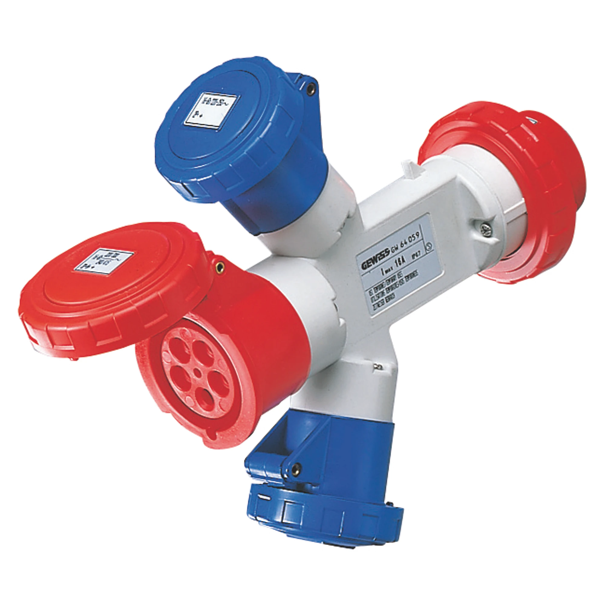 GEWISS GW64060 IEC Dreifachkupplung 400V 16A 6h 2P+3P/230V 16A 6h 3P mit angeformtem Stecker IP67 (img_001)
