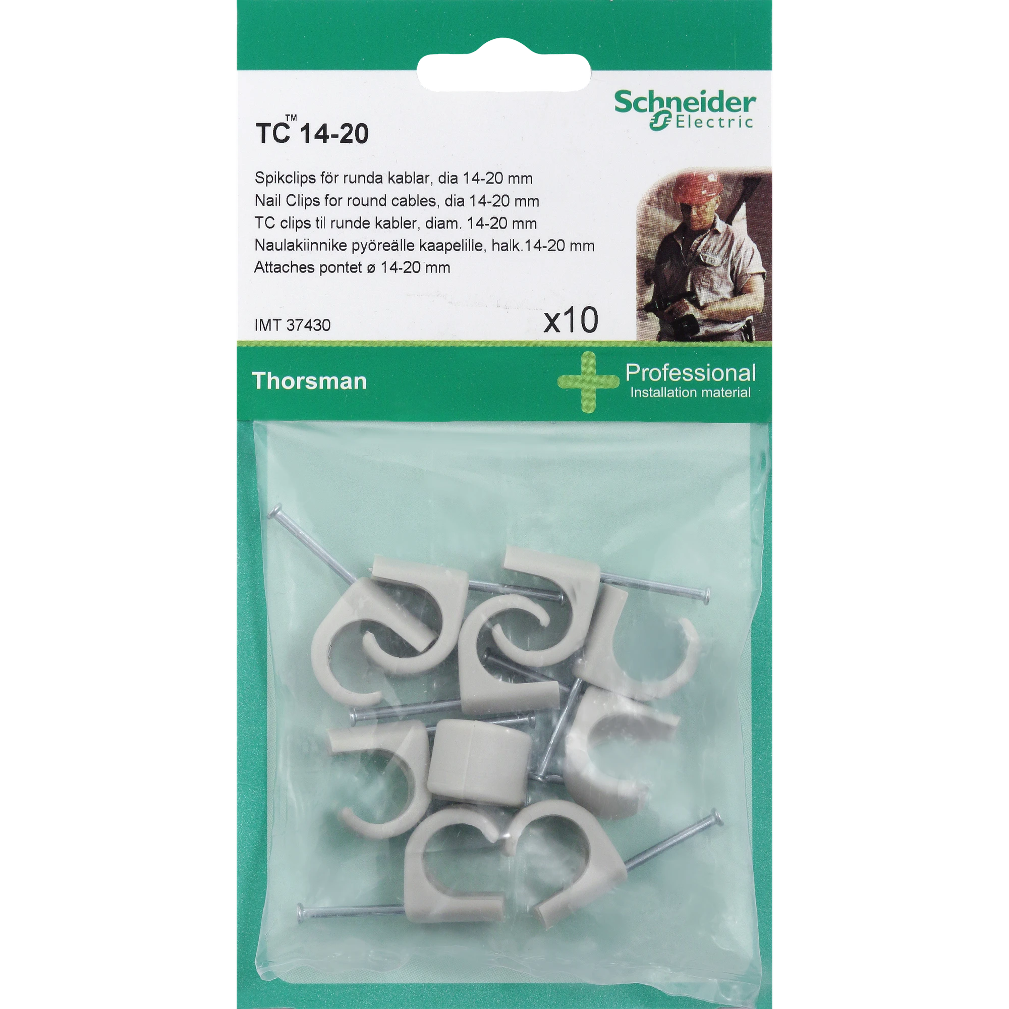 Schneider Electric IMT37430 Cable clip for round cables TC14-20 nail (2.0/35/18mm) grey (pack of 10 pieces) (img_001) Schneider Electric IMT37430 Cable clip for round cables TC14-20 nail (2.0/35/18mm) grey (pack of 10 pieces) (img_001)