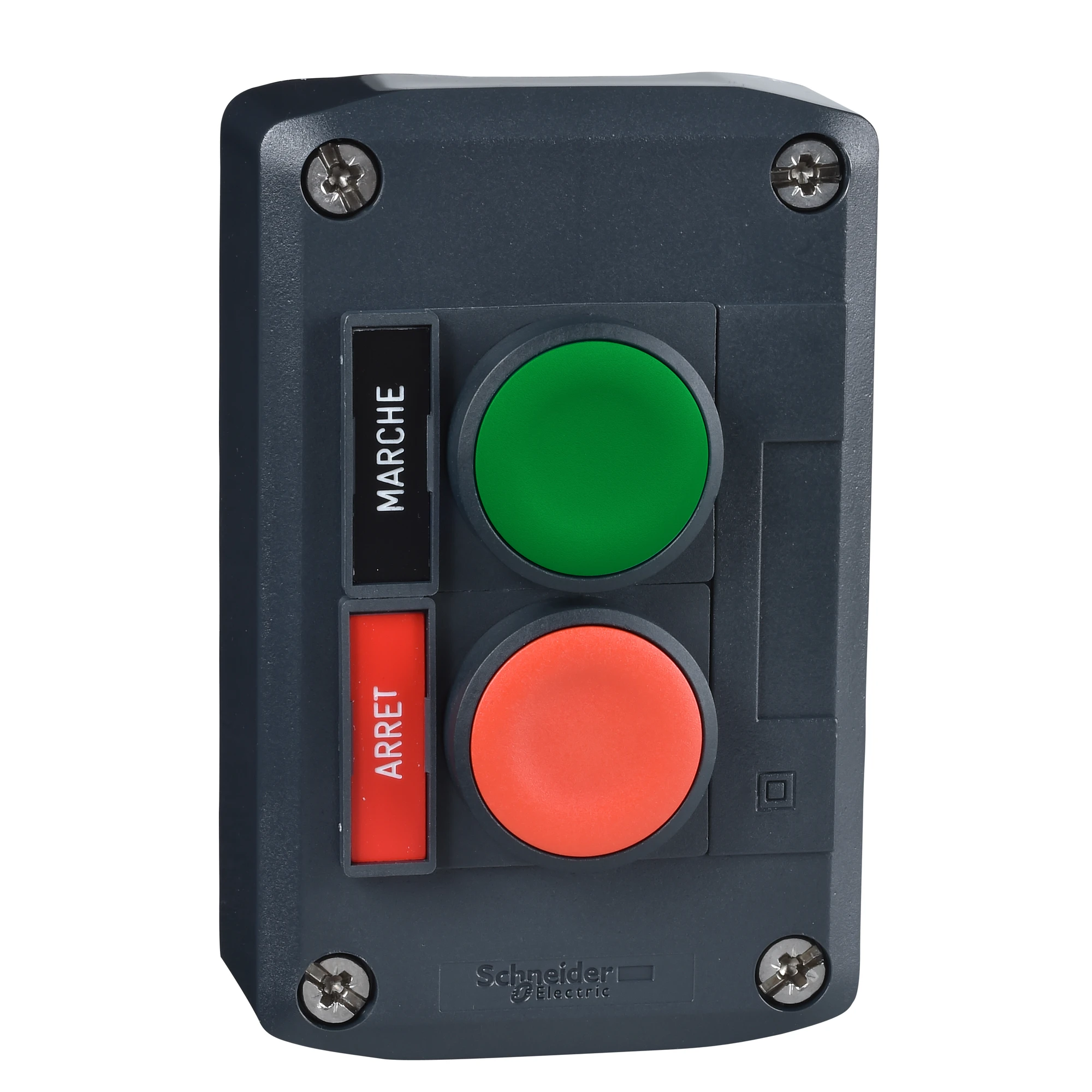 Schneider Electric XALD211 Surface mounting enclosure, Harmony XALD, plastic, dark gray, 2 push buttons, green, red, STOP, START, 22mm, 1NC+1NO (img_001) Schneider Electric XALD211 Surface mounting enclosure, Harmony XALD, plastic, dark gray, 2 push buttons, green, red, STOP, START, 22mm, 1NC+1NO (img_001)