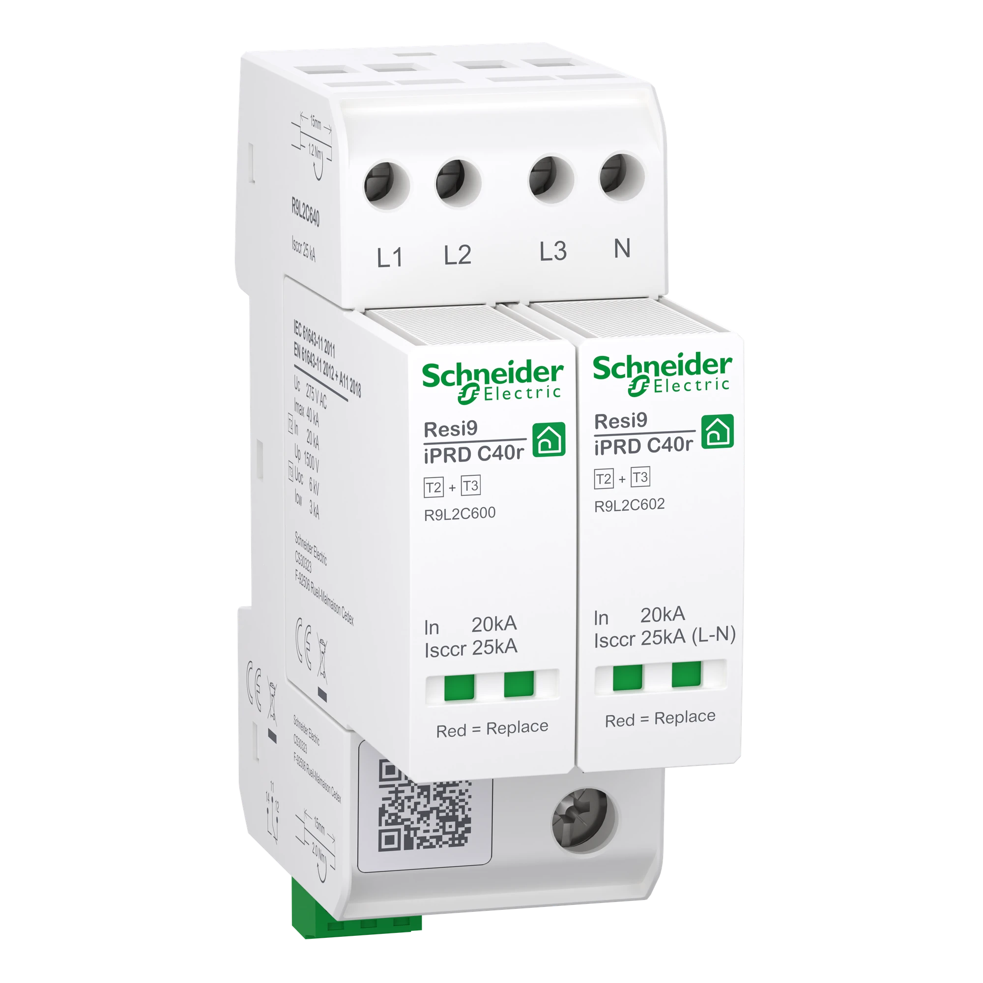 Schneider Electric R9L2C640 Surge protection device, Resi9 iPRD C40r, Type 2+3, pluggable protection modules, 3P+N, 40kA, compact 2TE, FM contact (img_001) Schneider Electric R9L2C640 Surge protection device, Resi9 iPRD C40r, Type 2+3, pluggable protection modules, 3P+N, 40kA, compact 2TE, FM contact (img_001)
